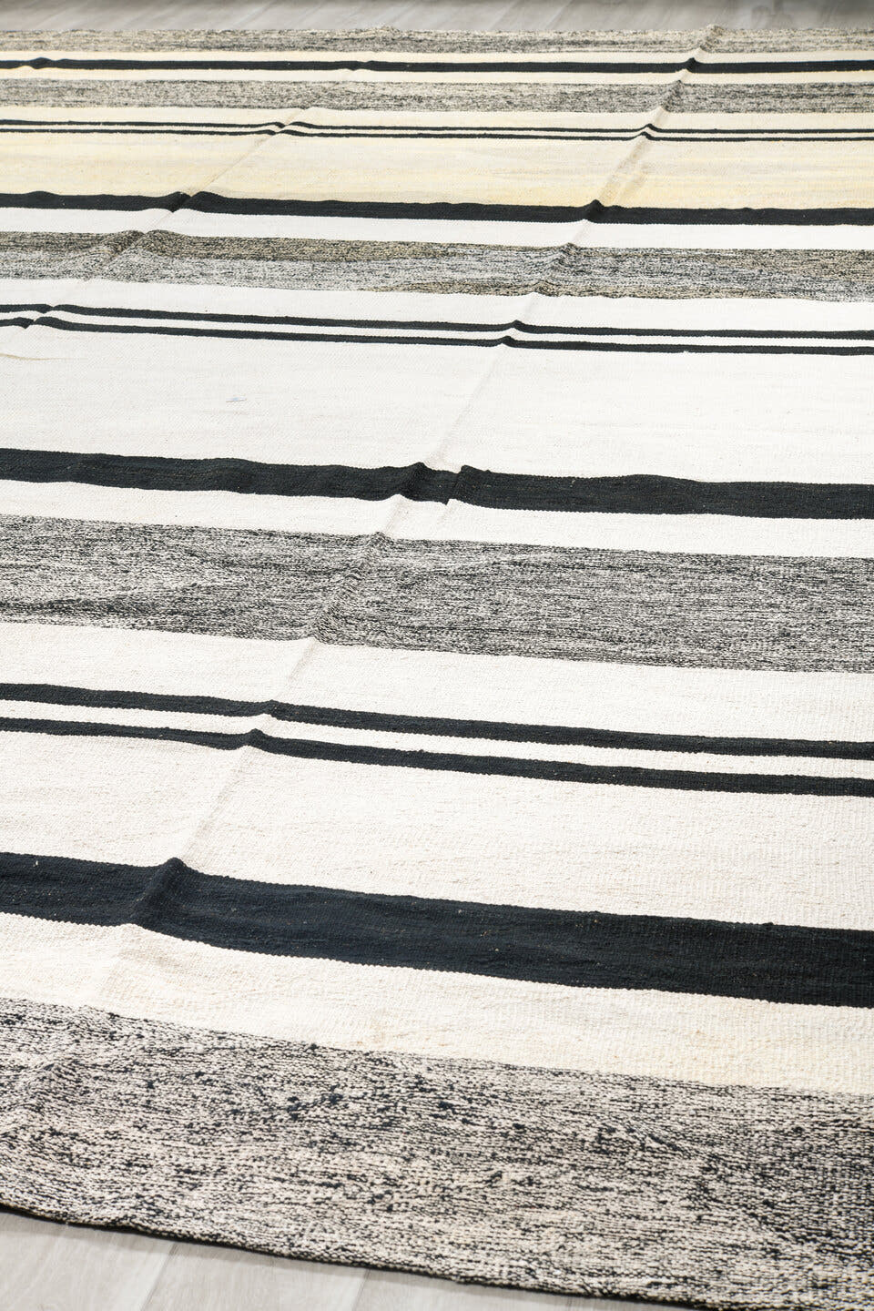 13' x 19' one-of-a-kind handmade vintage Kilim oversize rug. Color palette: ivory, black, charcoal, cream, gray