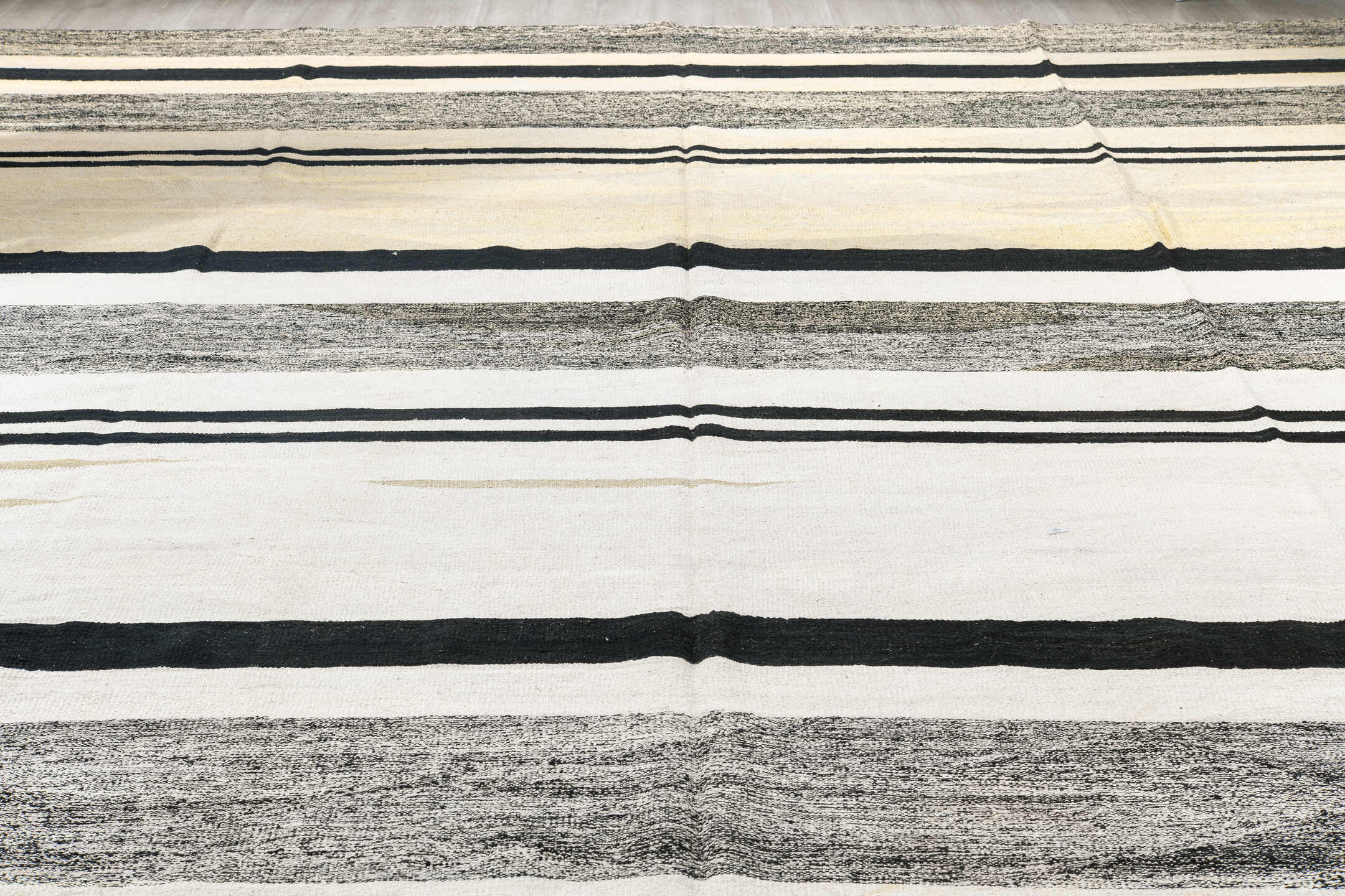 13' x 19' one-of-a-kind handmade vintage Kilim oversize rug. Color palette: black, charcoal, dark gray, dim gray, gray
