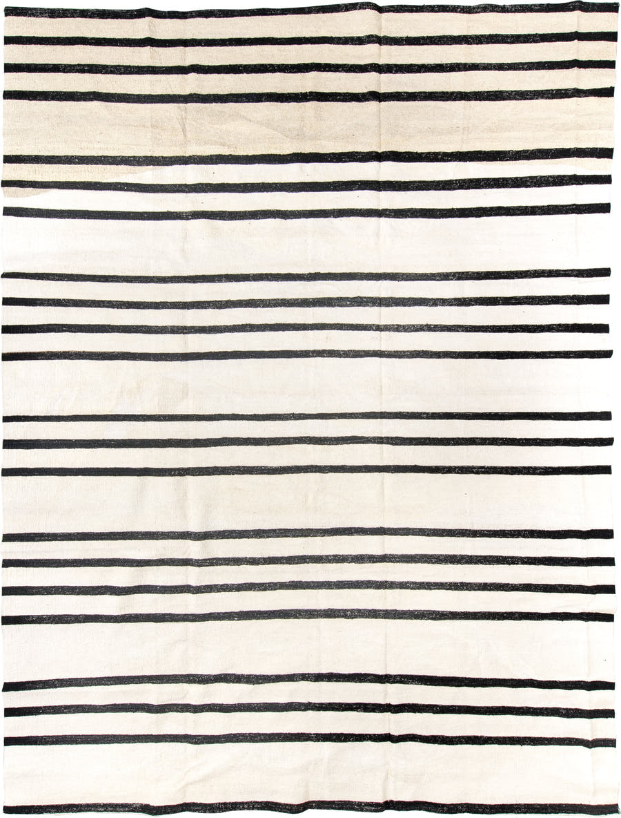 10' x 13' one-of-a-kind handmade vintage Kilim large size rug. Color palette: ivory, charcoal, gray, black