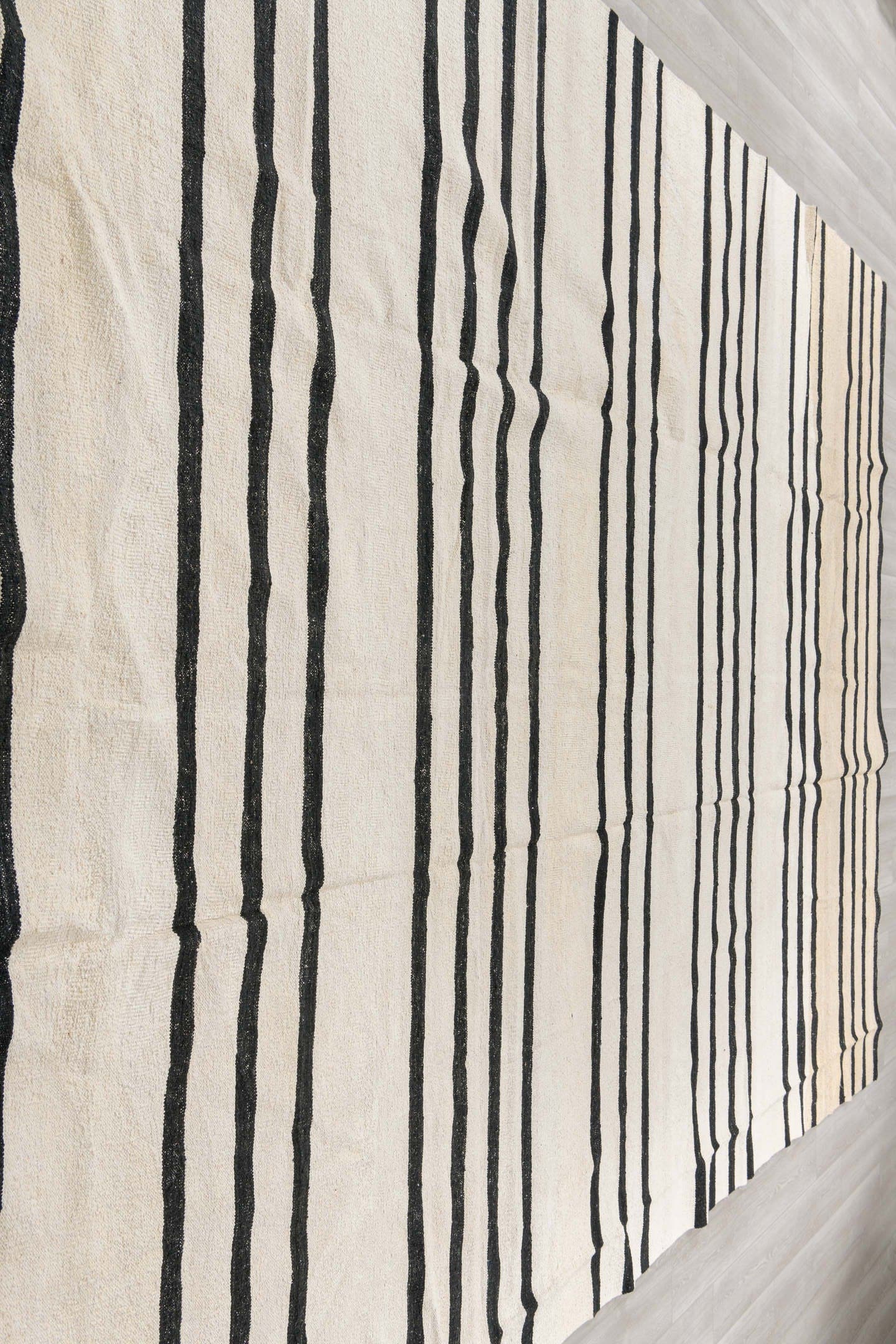 10' x 13' one-of-a-kind handmade vintage Kilim large size rug. Color palette: ivory, charcoal, gray, black
