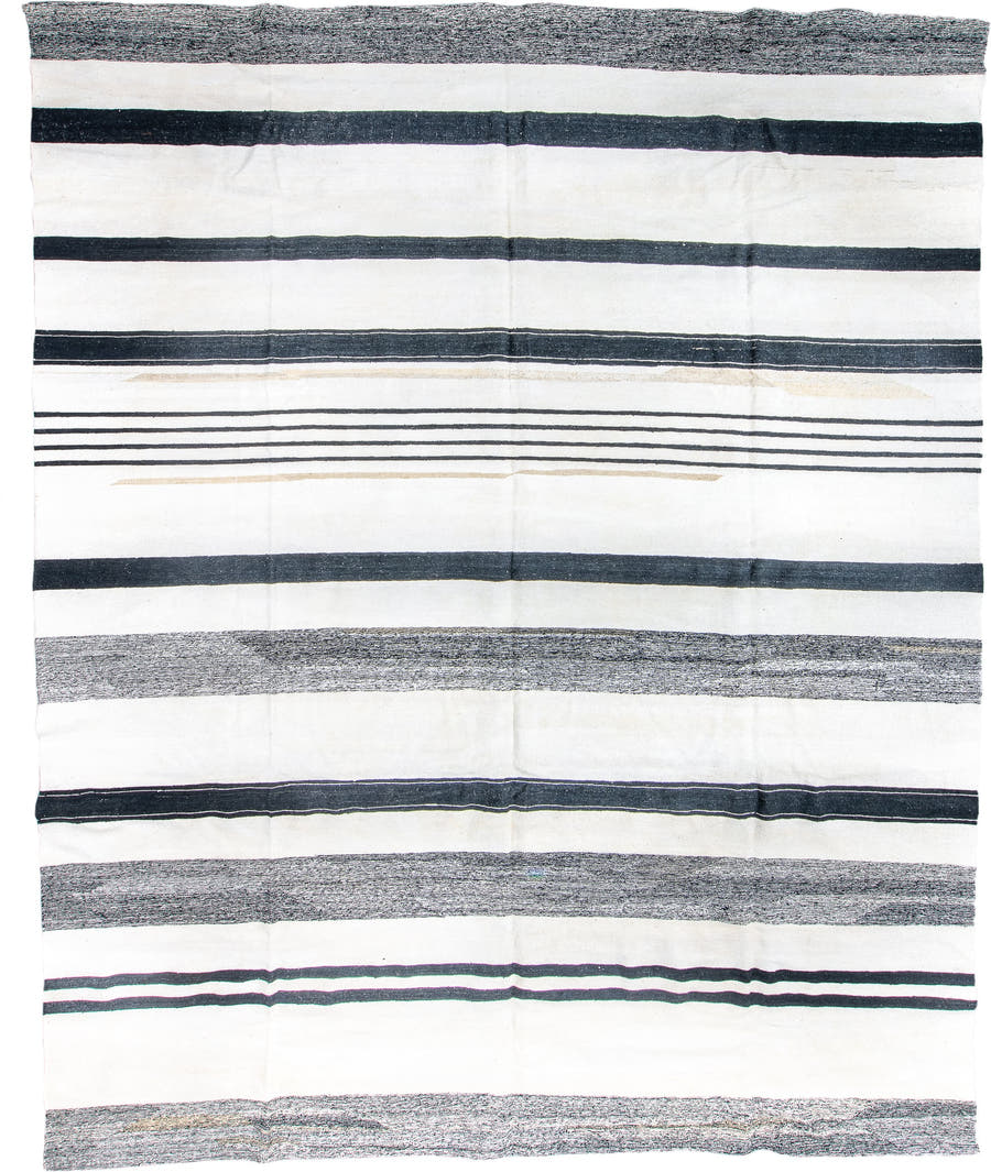 13' x 15' one-of-a-kind handmade vintage Kilim oversize rug. Color palette: ivory, charcoal, black, cream, taupe, gray