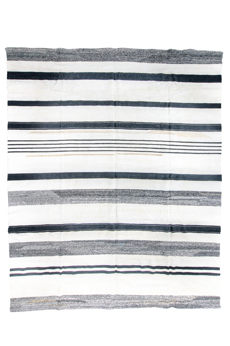 13' x 15' one-of-a-kind handmade vintage Kilim oversize rug. Color palette: black, blue, charcoal, dark gray, dim gray, gray