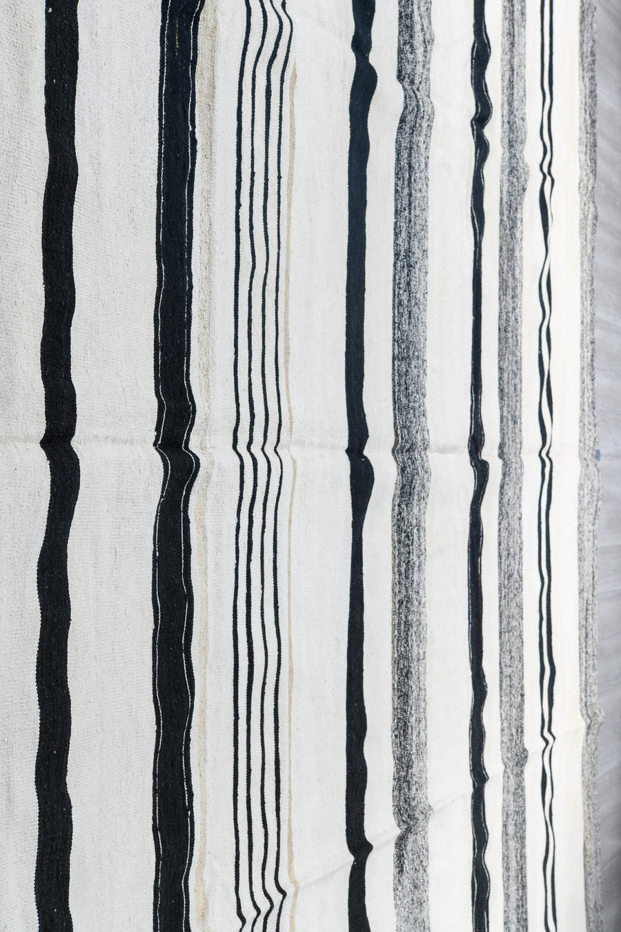 13' x 15' one-of-a-kind handmade vintage Kilim oversize rug. Color palette: ivory, charcoal, black, cream, taupe, gray