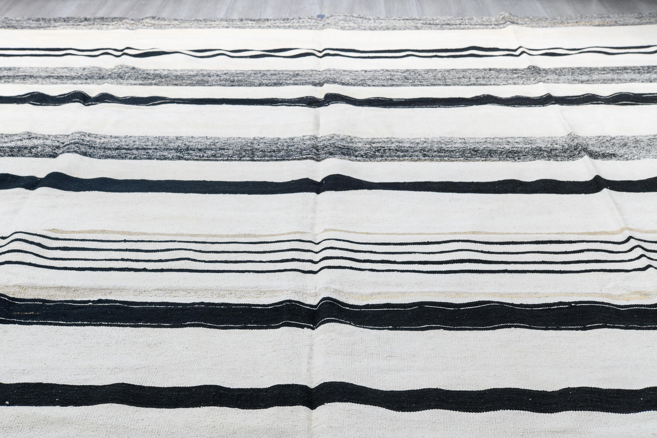 13' x 15' one-of-a-kind handmade vintage Kilim oversize rug. Color palette: black, blue, charcoal, dark gray, dim gray, gray