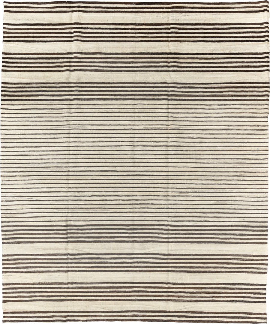 8' x 9' one-of-a-kind handmade vintage Kilim rug. Color palette: ivory, brown, cream, taupe, beige, gray