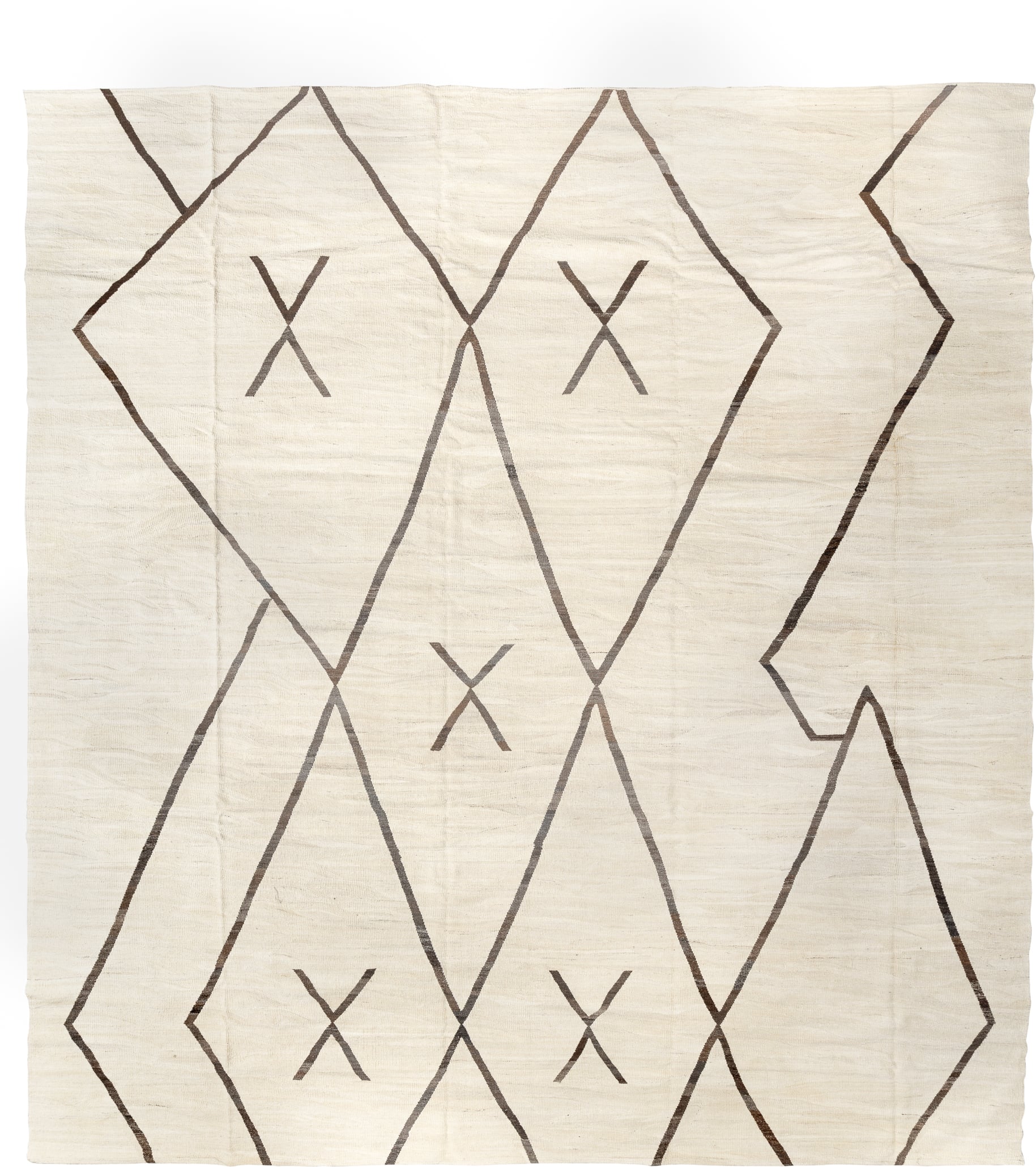 14' x 15' one-of-a-kind handmade vintage Kilim oversize rug. Color palette: ivory, brown, taupe, beige, gray