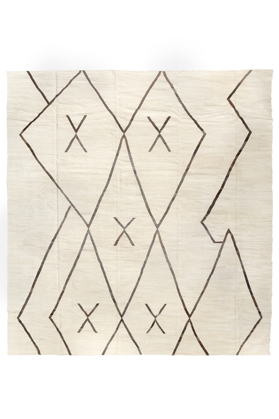 14' x 15' one-of-a-kind handmade vintage Kilim oversize rug. Color palette: antiquewhite, beige, black, brown, dark gray