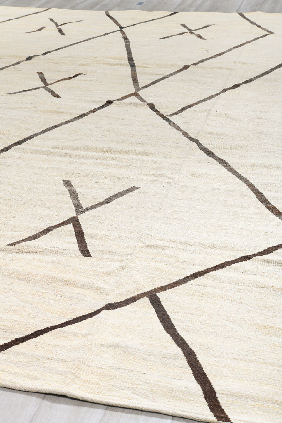 14' x 15' one-of-a-kind handmade vintage Kilim oversize rug. Color palette: ivory, brown, taupe, beige, gray