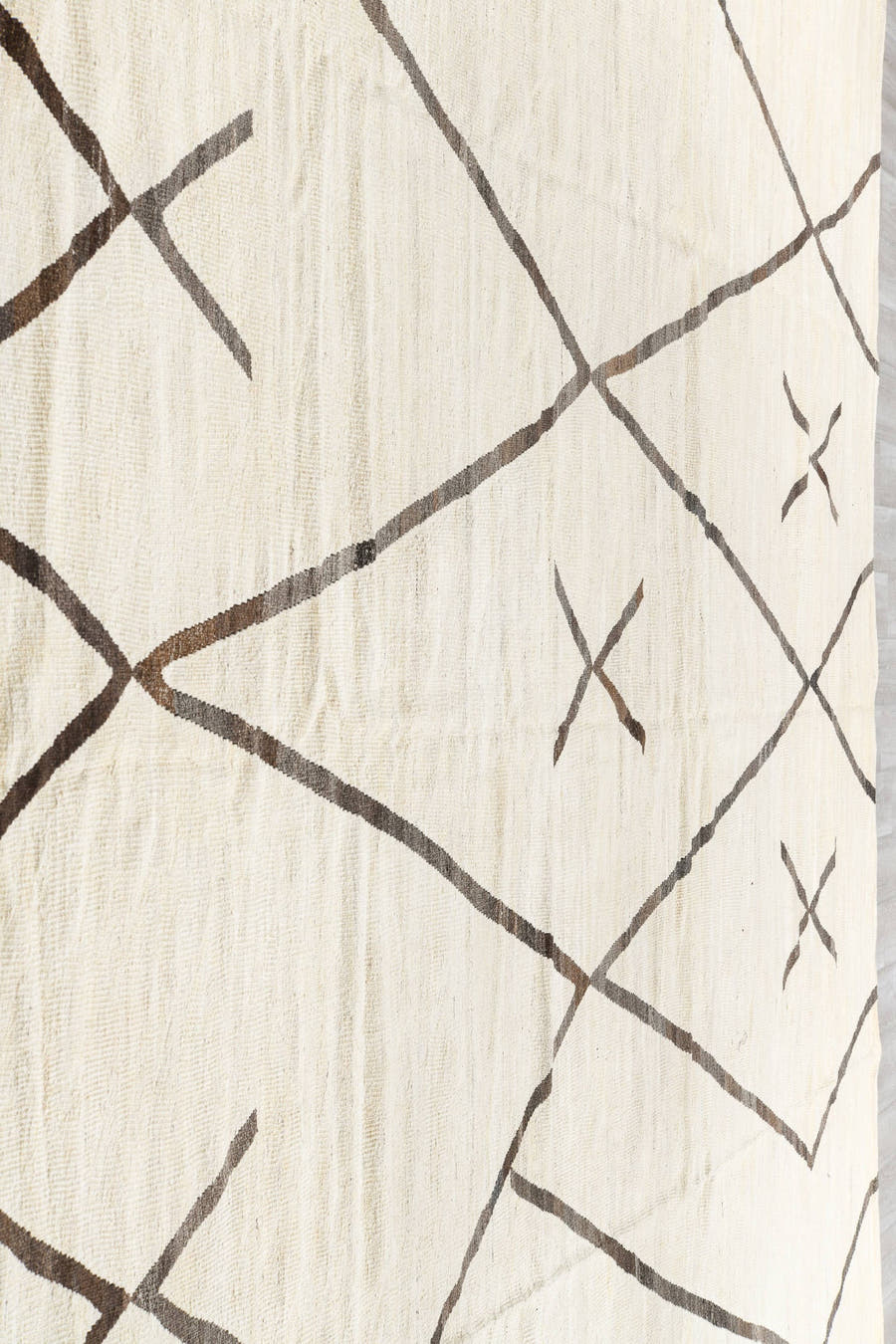 14' x 15' one-of-a-kind handmade vintage Kilim oversize rug. Color palette: ivory, brown, taupe, beige, gray