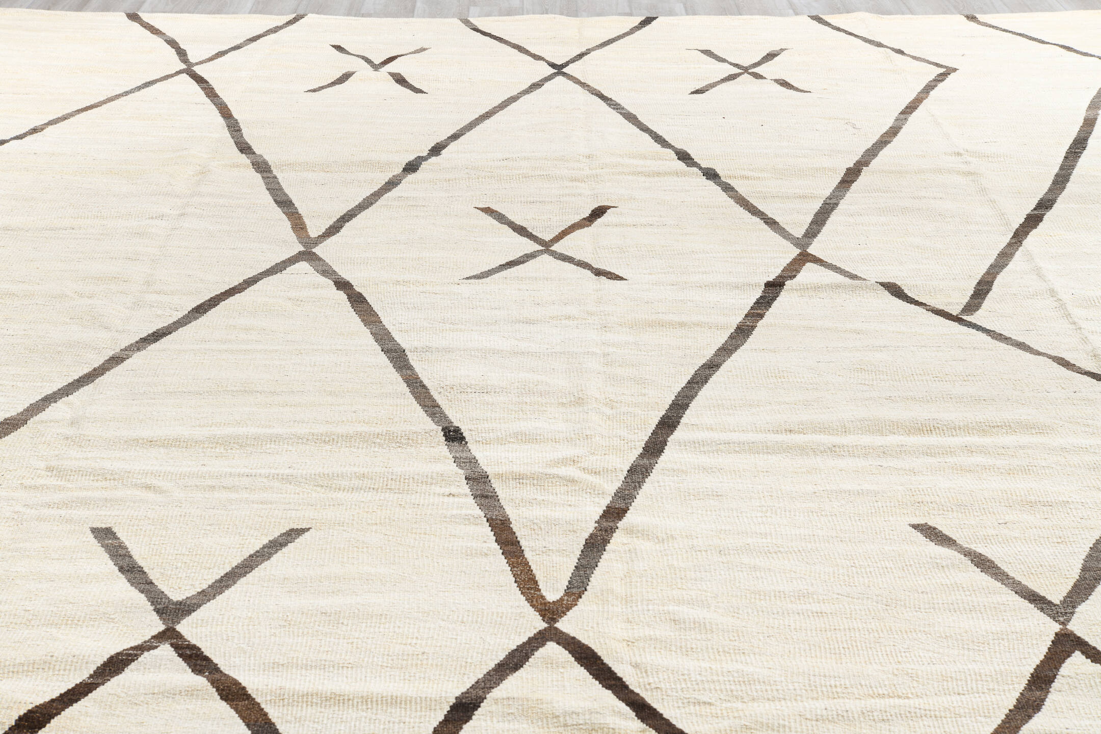 14' x 15' one-of-a-kind handmade vintage Kilim oversize rug. Color palette: antiquewhite, beige, black, brown, dark gray