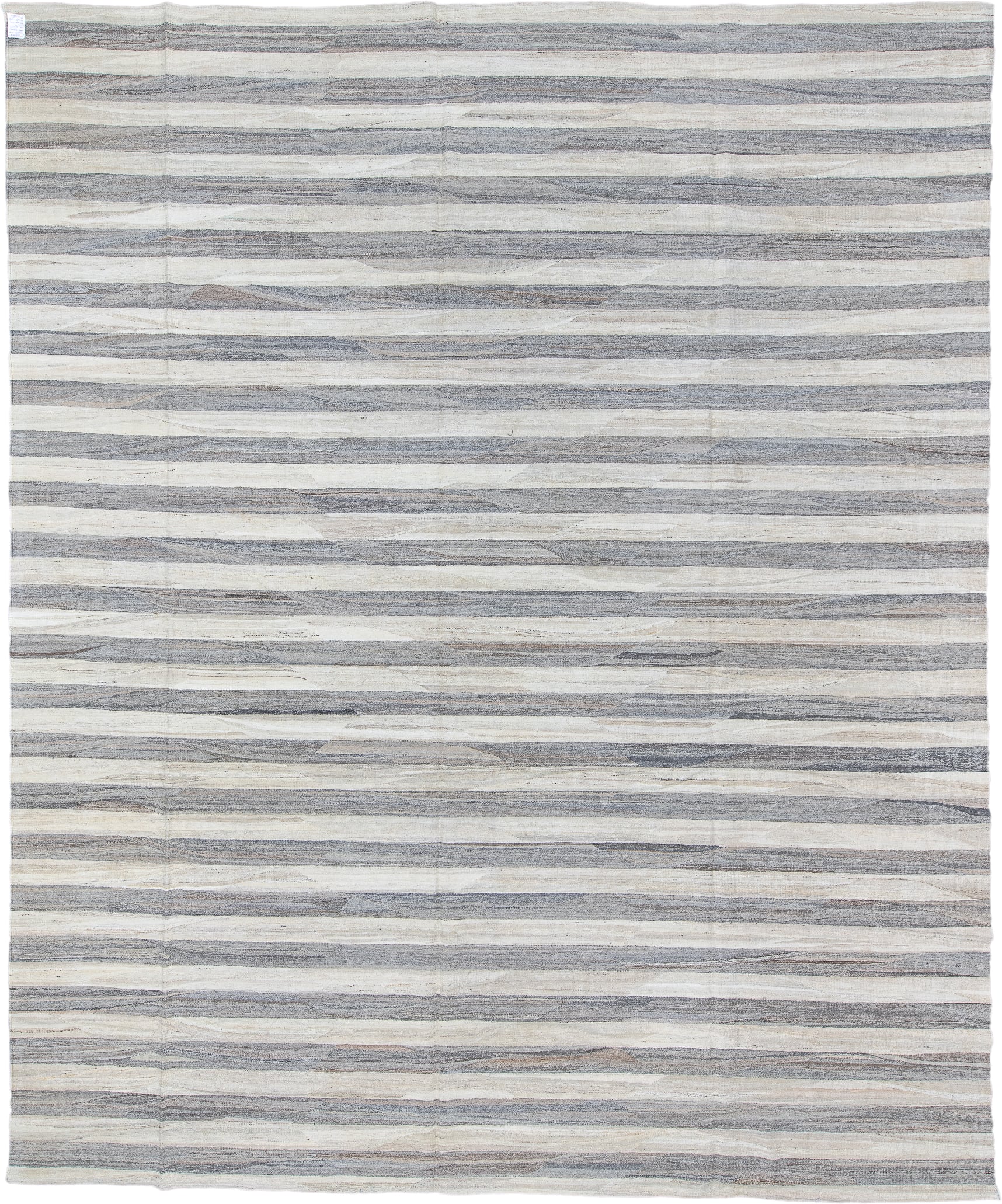 12' x 15' one-of-a-kind handmade vintage Kilim oversize rug. Color palette: ivory, gray, taupe, slate, cream, beige