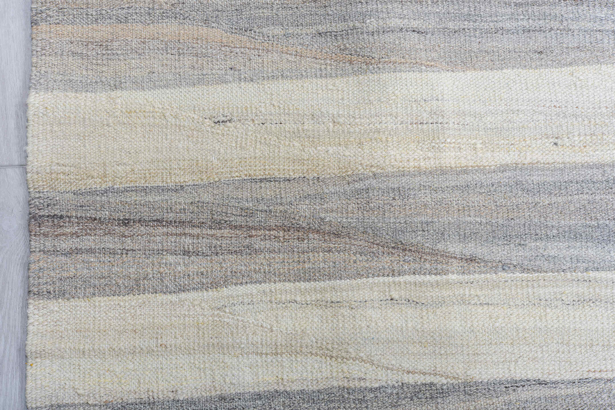 12' x 15' one-of-a-kind handmade vintage Kilim oversize rug. Color palette: ivory, gray, taupe, slate, cream, beige