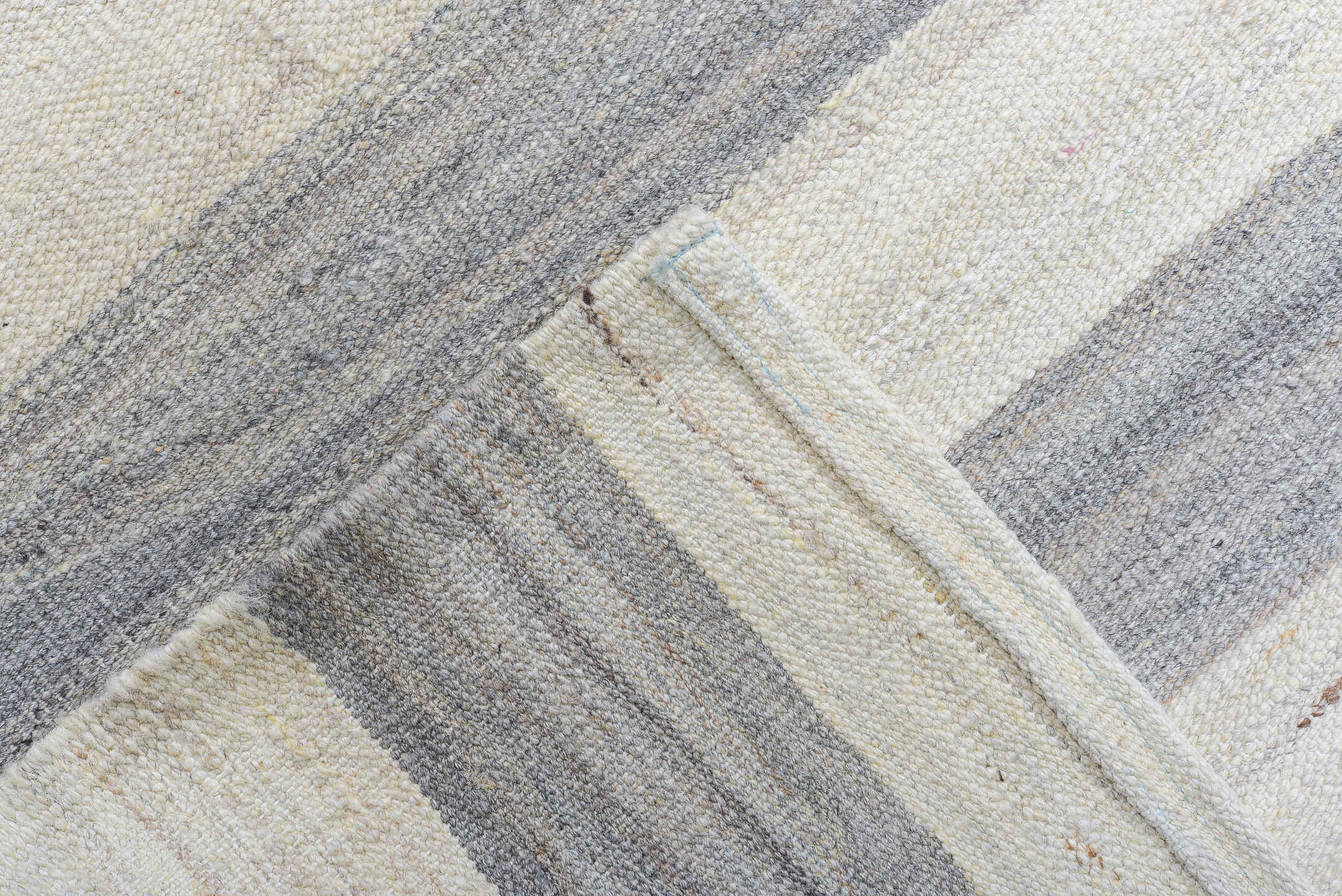 12' x 15' one-of-a-kind handmade vintage Kilim oversize rug. Color palette: ivory, gray, taupe, slate, cream, beige