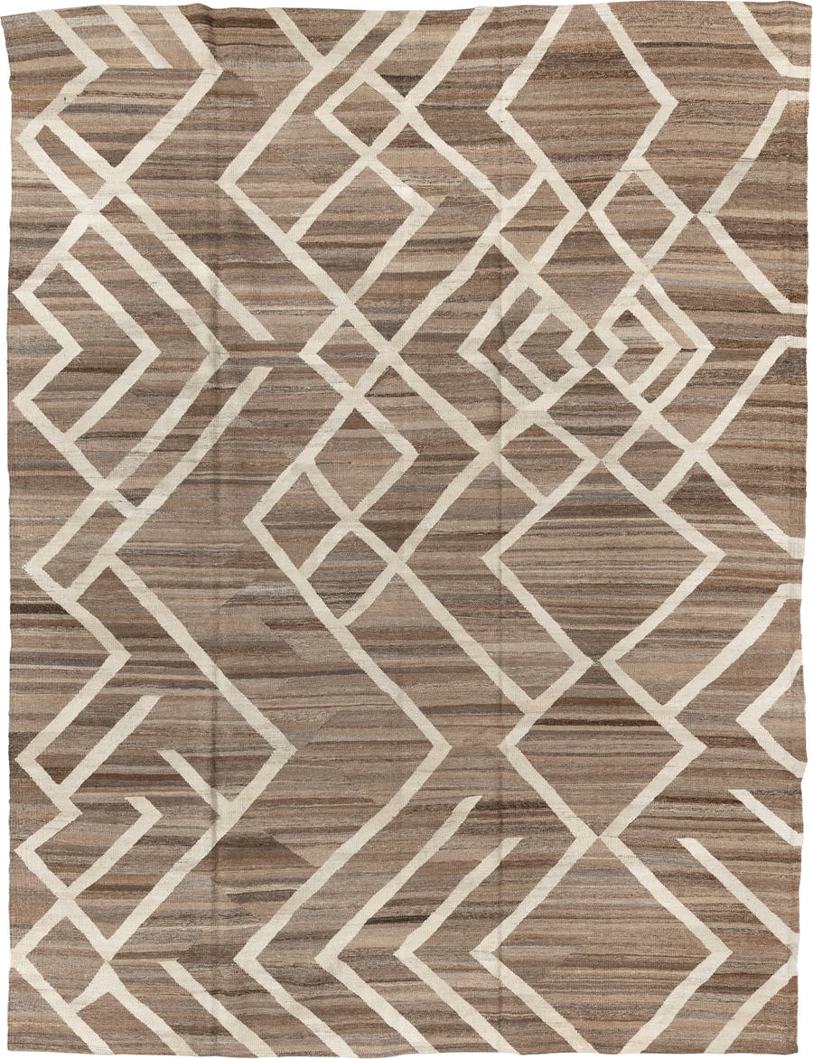 8' x 12' one-of-a-kind handmade vintage Kilim large size rug. Color palette: taupe, ivory, brown, camel, beige, gray