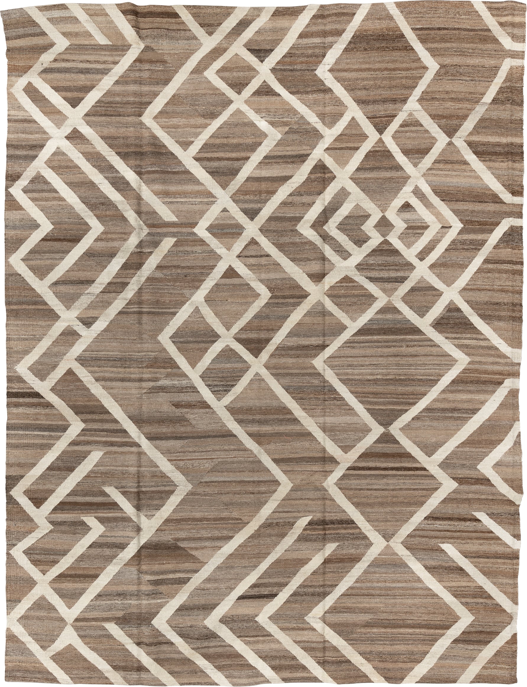 8' x 12' one-of-a-kind handmade vintage Kilim large size rug. Color palette: taupe, ivory, brown, camel, beige, gray