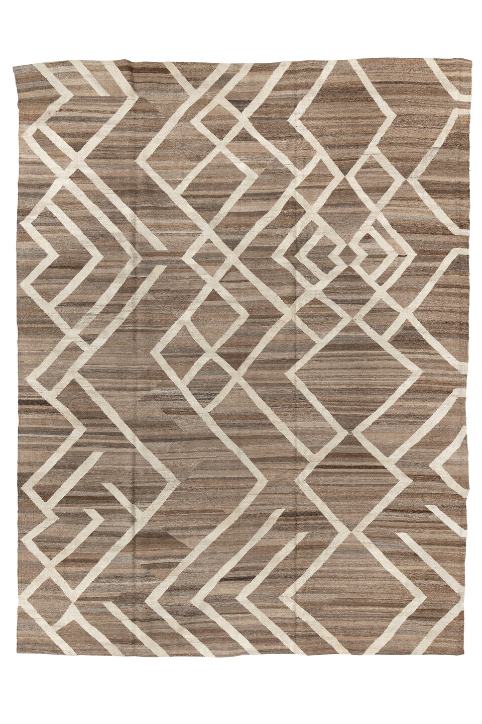 8' x 12' one-of-a-kind handmade vintage Kilim large size rug. Color palette: brown, dark gray, gray, light gray, off-white