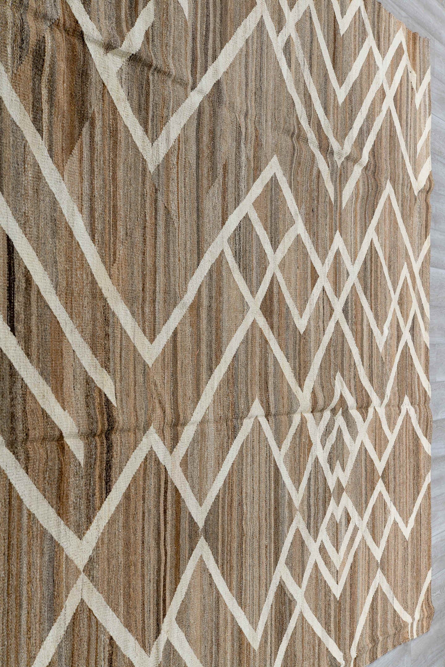 8' x 12' one-of-a-kind handmade vintage Kilim large size rug. Color palette: taupe, ivory, brown, camel, beige, gray