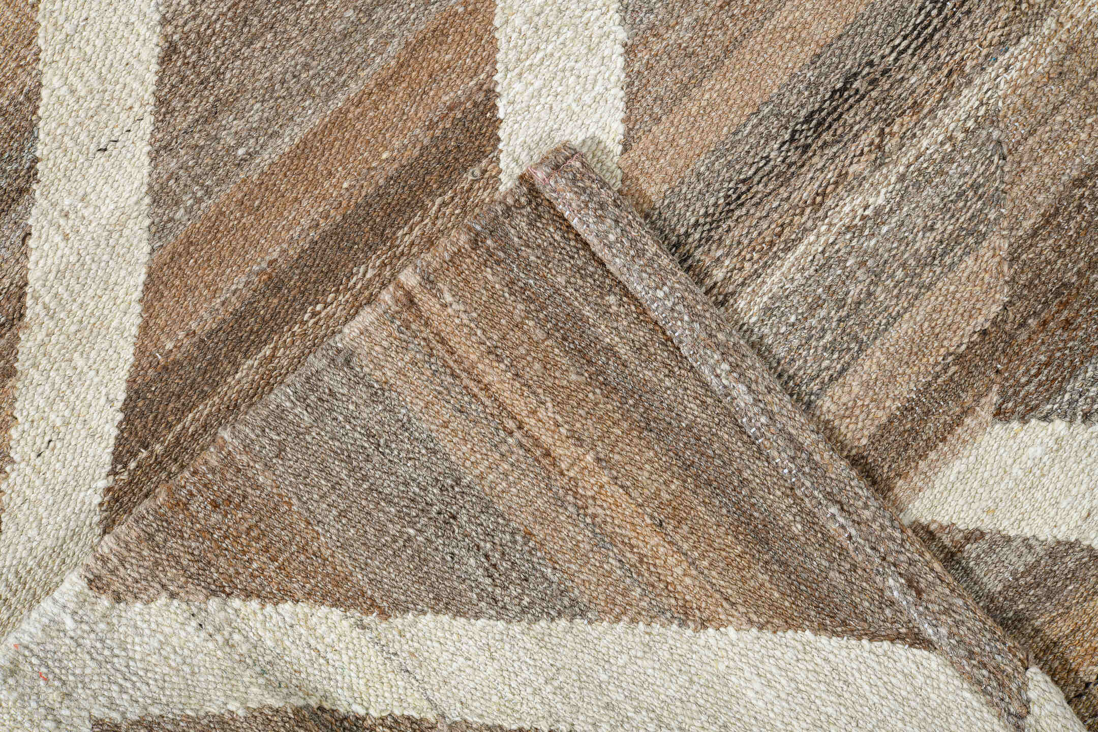8' x 12' one-of-a-kind handmade vintage Kilim large size rug. Color palette: taupe, ivory, brown, camel, beige, gray