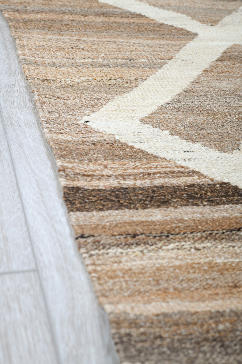 8' x 12' one-of-a-kind handmade vintage Kilim large size rug. Color palette: taupe, ivory, brown, camel, beige, gray