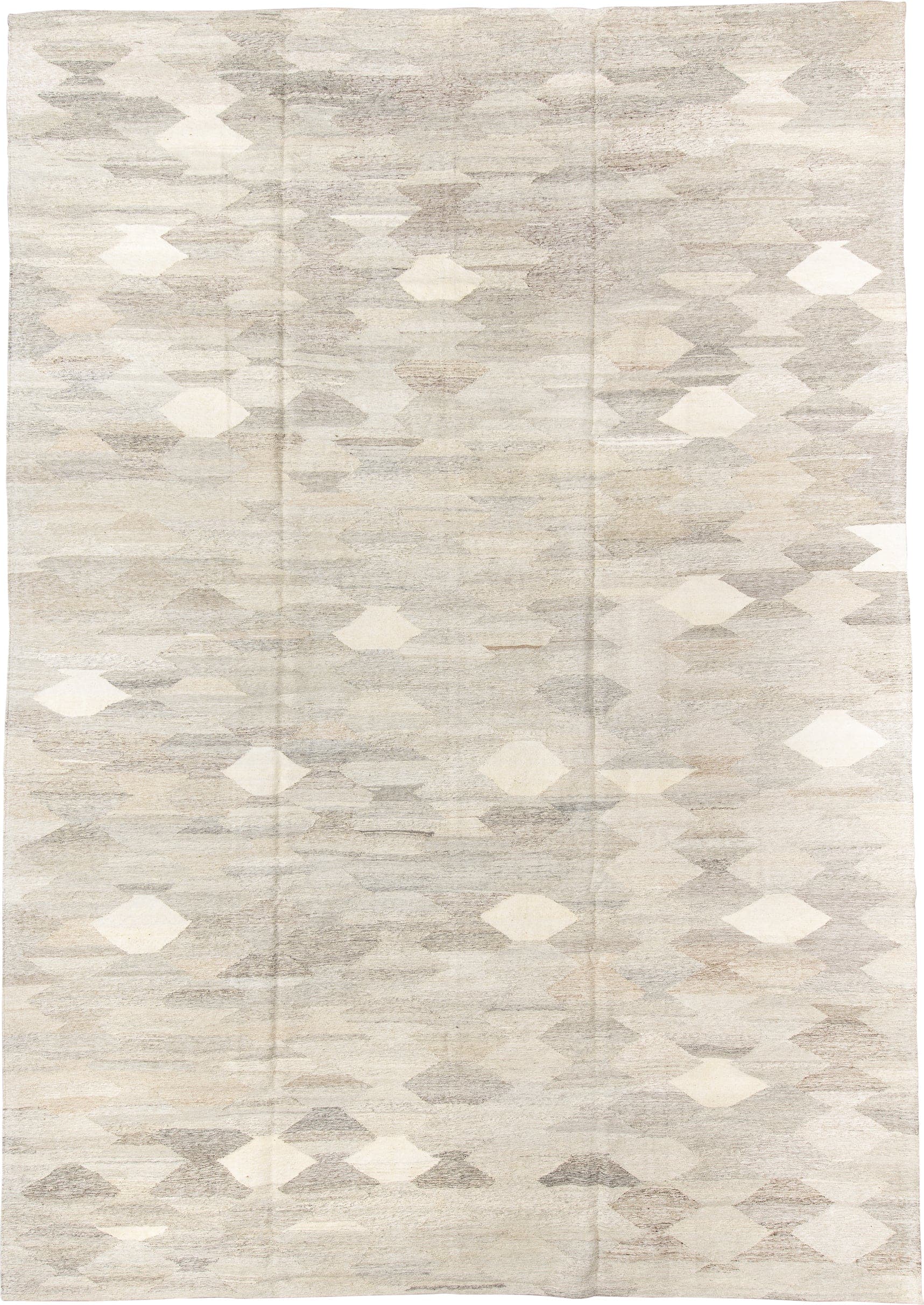 10' x 14' one-of-a-kind handmade vintage Kilim large size rug. Color palette: ivory, cream, taupe, beige, light gray, greige