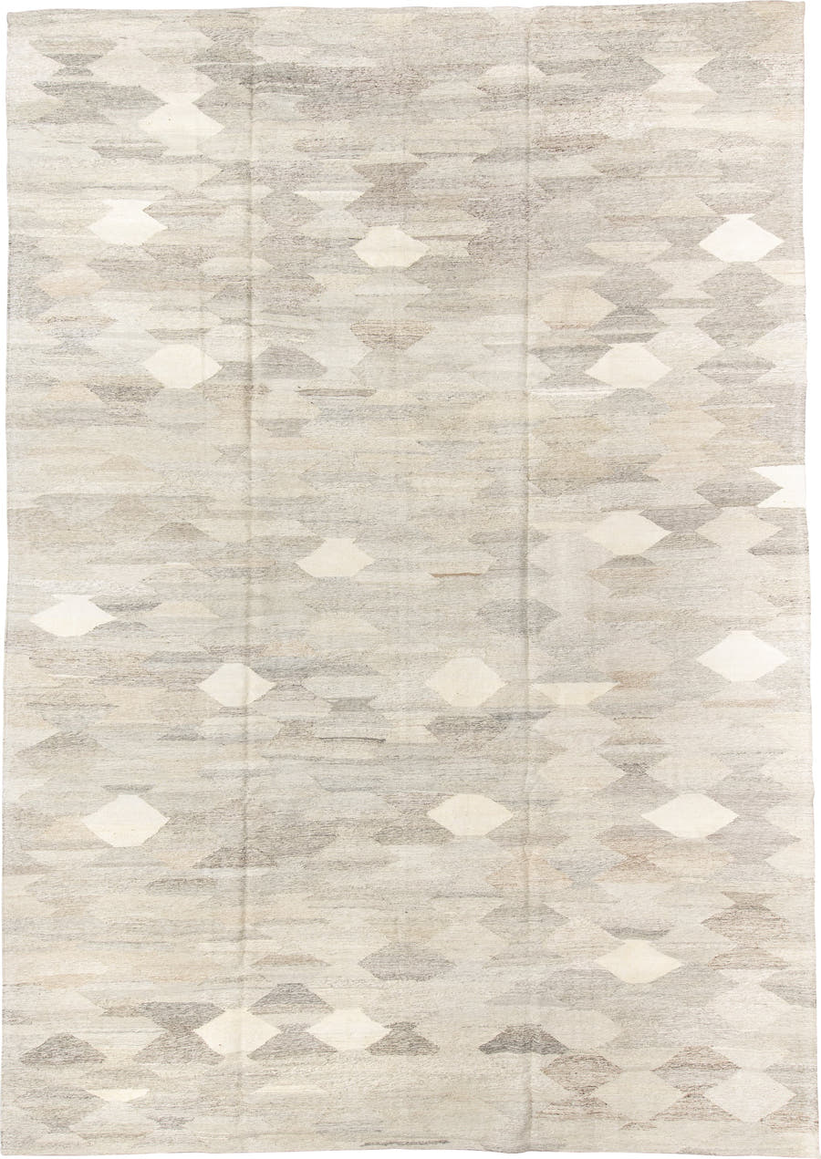 10' x 14' one-of-a-kind handmade vintage Kilim large size rug. Color palette: ivory, cream, taupe, beige, light gray, greige