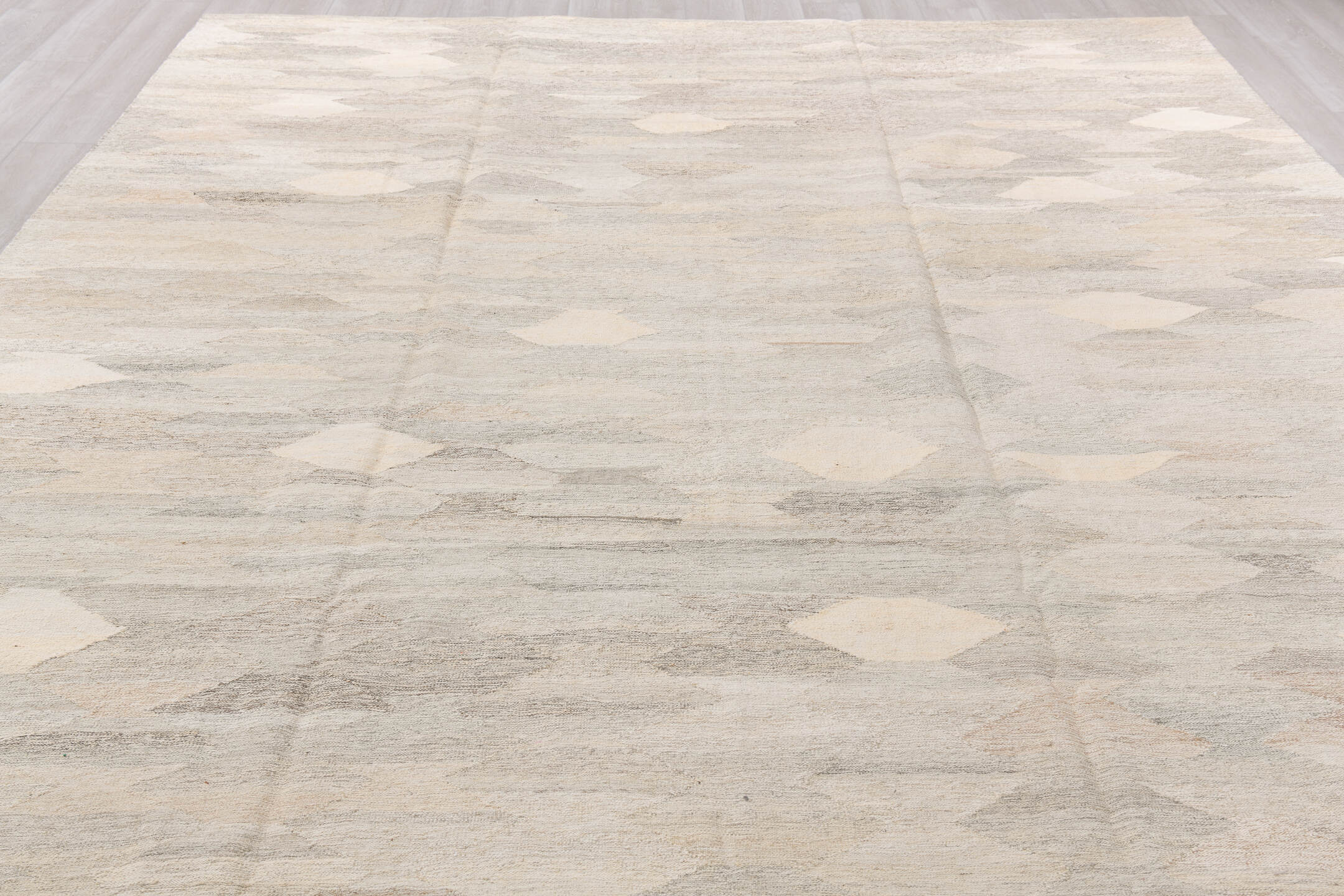 10' x 14' one-of-a-kind handmade vintage Kilim large size rug. Color palette: antiquewhite, brown, dark gray, gray