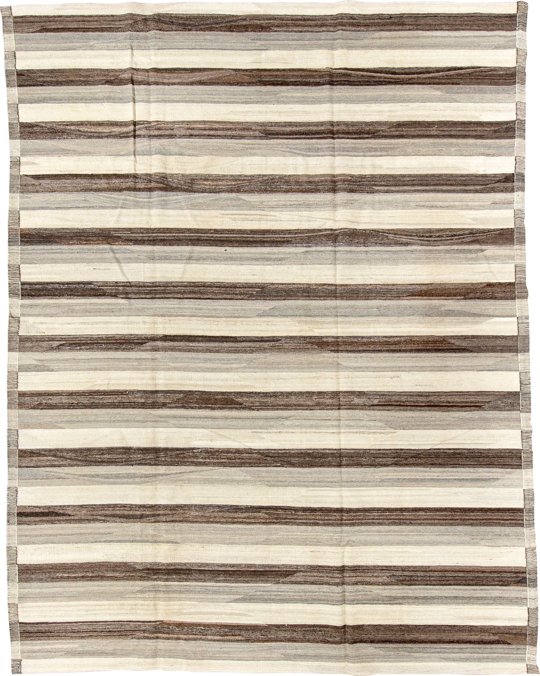 9' x 11' one-of-a-kind handmade vintage Kilim large size rug. Color palette: ivory, brown, taupe, gray, cream, beige