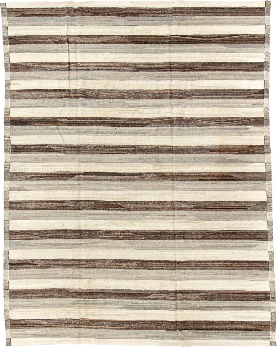 9' x 11' one-of-a-kind handmade vintage Kilim large size rug. Color palette: ivory, brown, taupe, gray, cream, beige