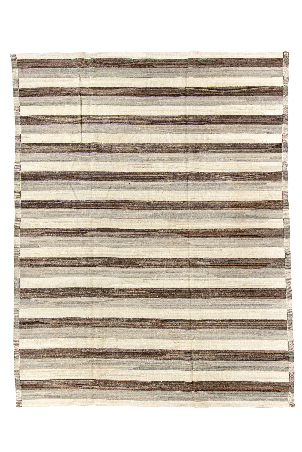 9' x 11' one-of-a-kind handmade vintage Kilim large size rug. Color palette: black, brown, charcoal, gainsboro, gray