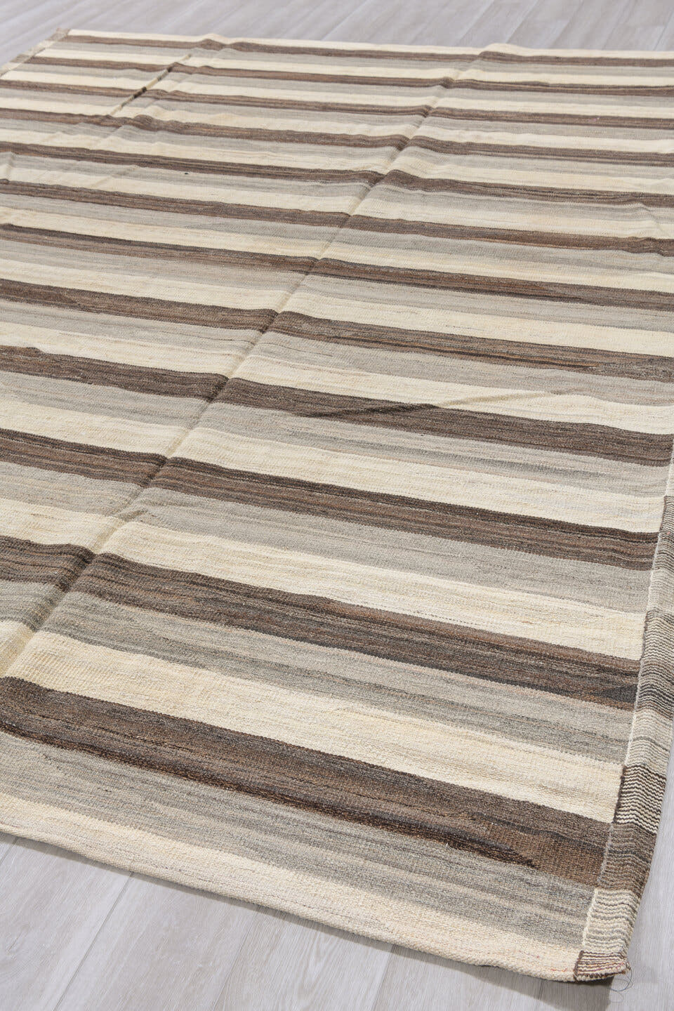 9' x 11' one-of-a-kind handmade vintage Kilim large size rug. Color palette: ivory, brown, taupe, gray, cream, beige