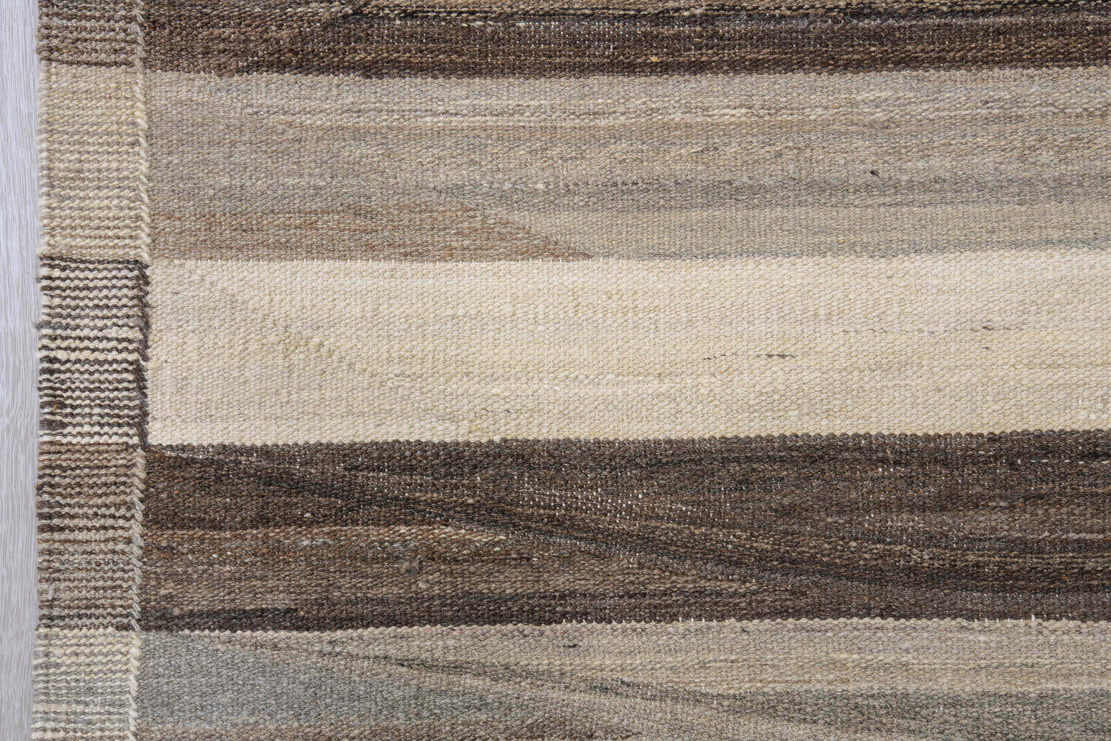 9' x 11' one-of-a-kind handmade vintage Kilim large size rug. Color palette: ivory, brown, taupe, gray, cream, beige