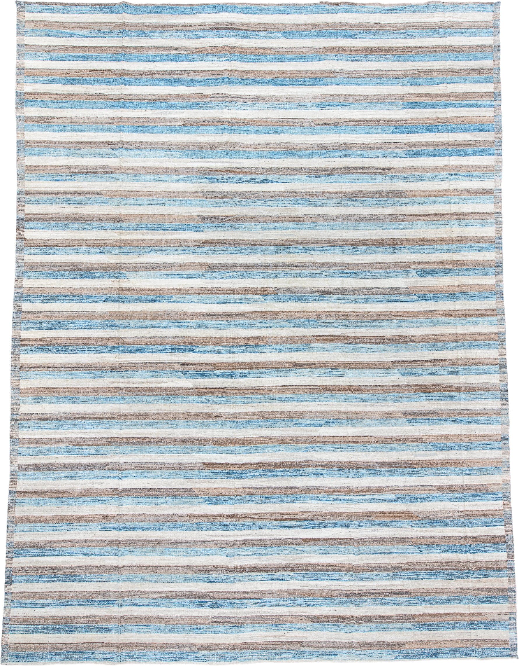 14' x 18' one-of-a-kind handmade vintage Kilim oversize rug. Color palette: ivory, sky blue, taupe, gray, light blue, beige