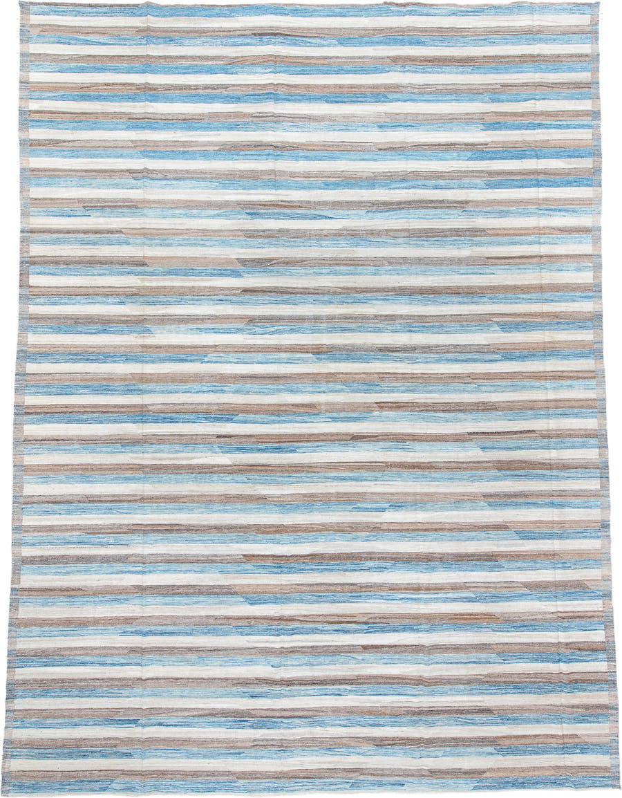 14' x 18' one-of-a-kind handmade vintage Kilim oversize rug. Color palette: ivory, sky blue, taupe, gray, light blue, beige