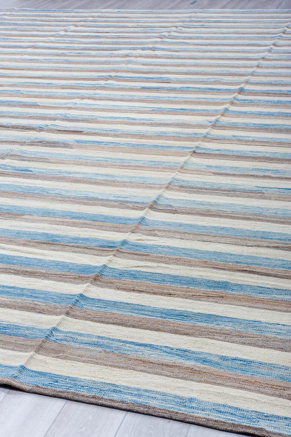 14' x 18' one-of-a-kind handmade vintage Kilim oversize rug. Color palette: ivory, sky blue, taupe, gray, light blue, beige