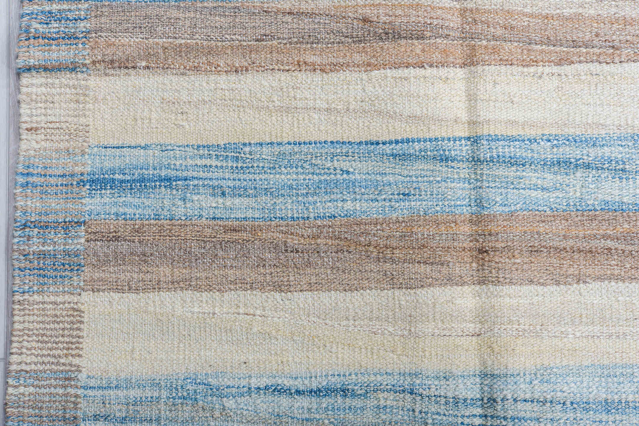 14' x 18' one-of-a-kind handmade vintage Kilim oversize rug. Color palette: ivory, sky blue, taupe, gray, light blue, beige