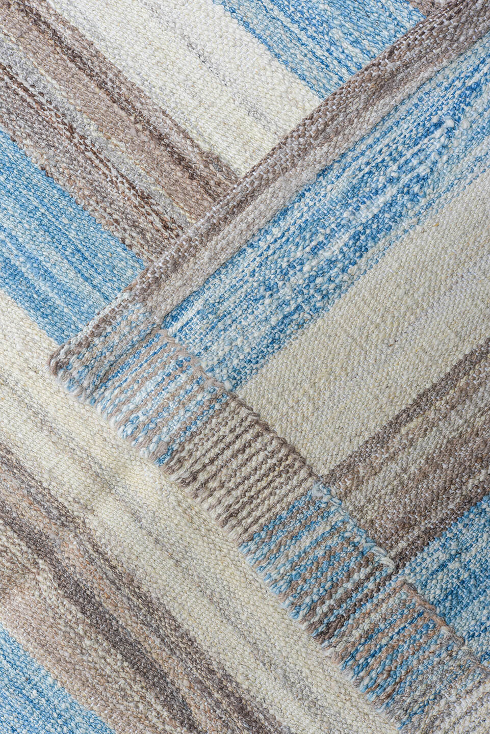 14' x 18' one-of-a-kind handmade vintage Kilim oversize rug. Color palette: ivory, sky blue, taupe, gray, light blue, beige