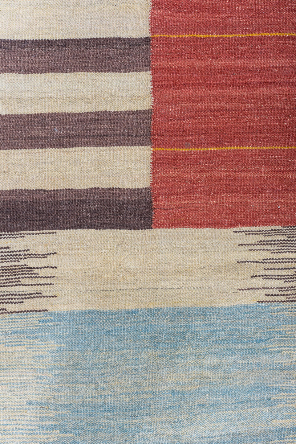 10' x 14' one-of-a-kind handmade vintage Kilim large size rug. Color palette: rust, ivory, taupe, saffron, sky_blue