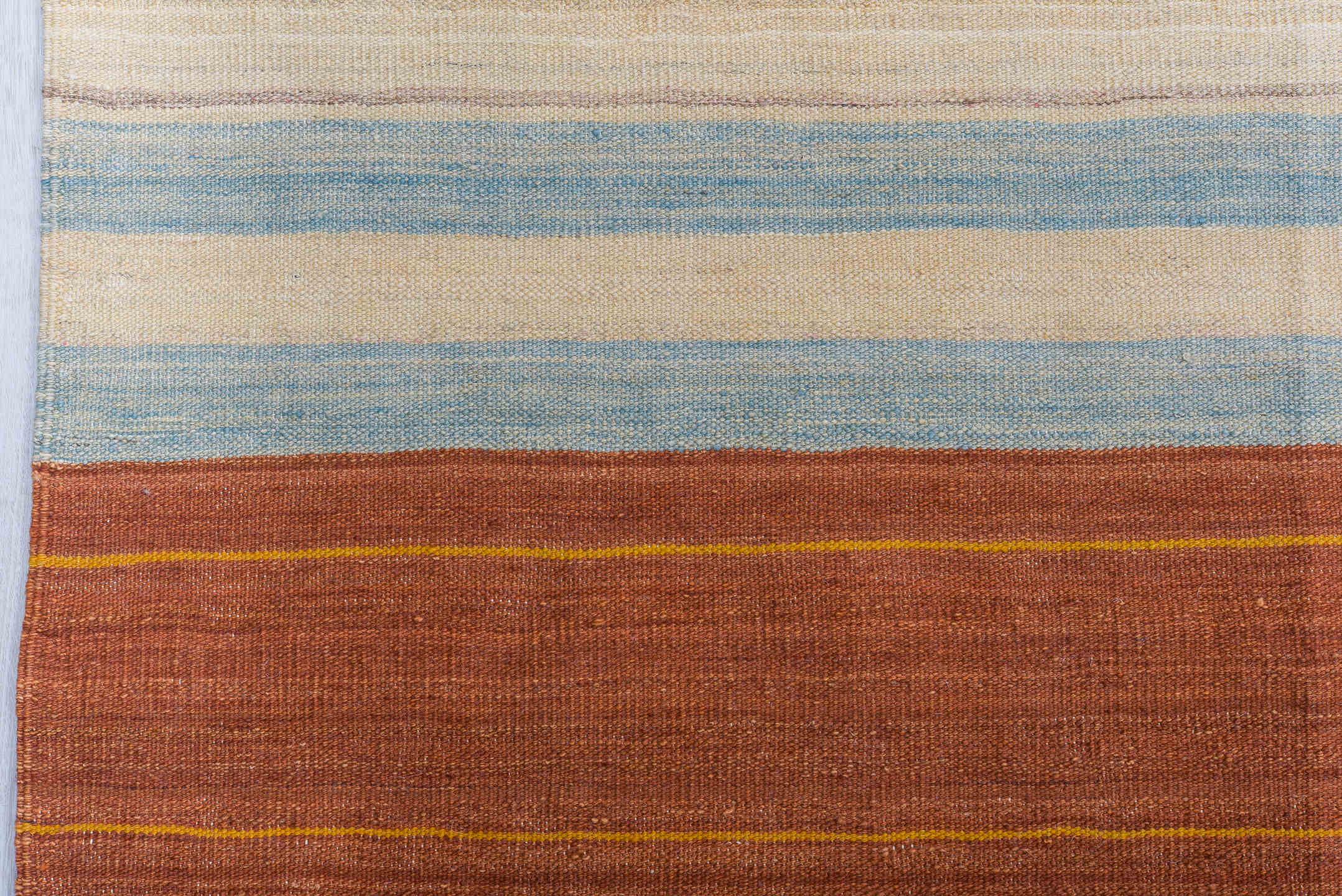 10' x 14' one-of-a-kind handmade vintage Kilim large size rug. Color palette: rust, ivory, taupe, saffron, sky_blue