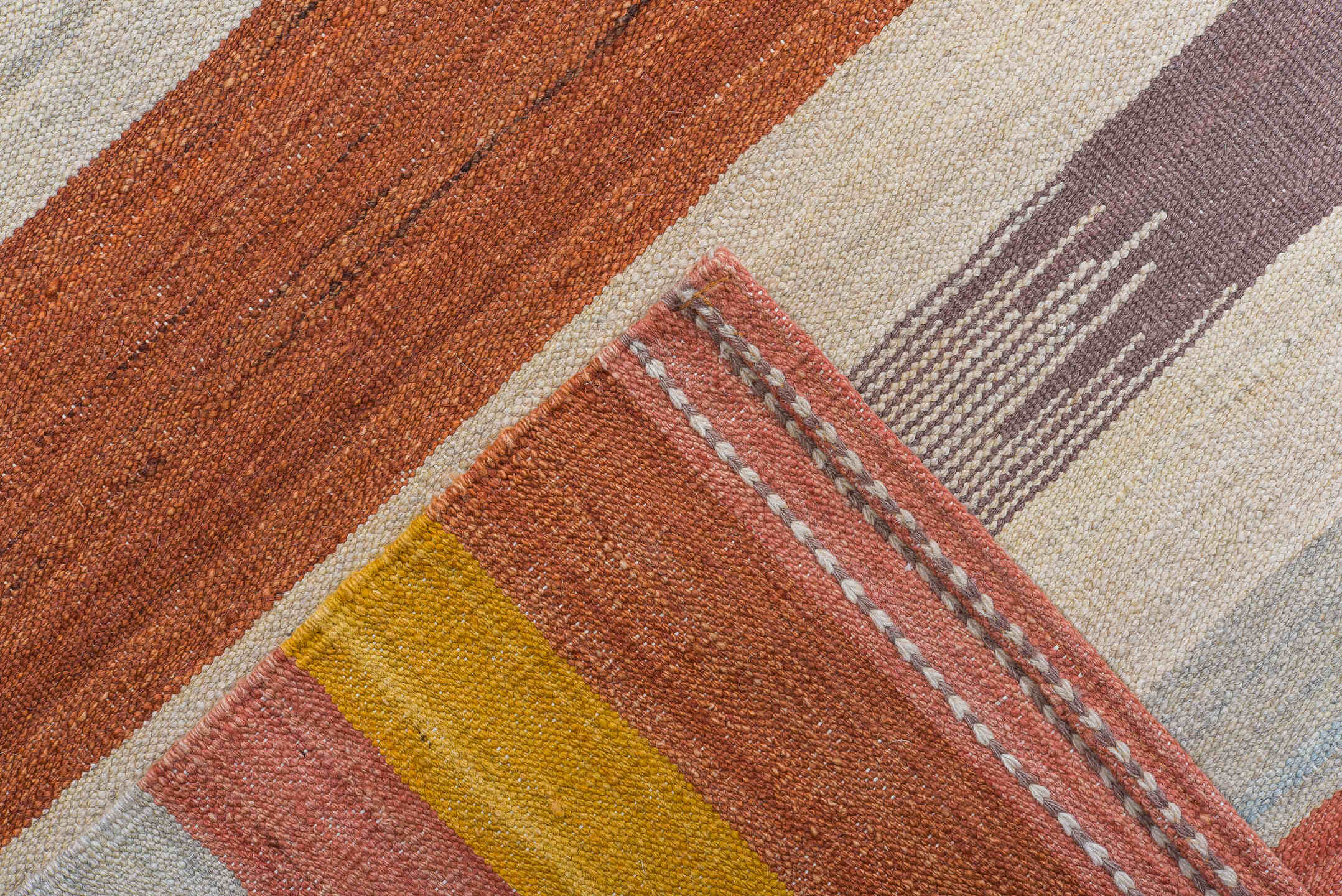 10' x 14' one-of-a-kind handmade vintage Kilim large size rug. Color palette: rust, ivory, taupe, saffron, sky_blue