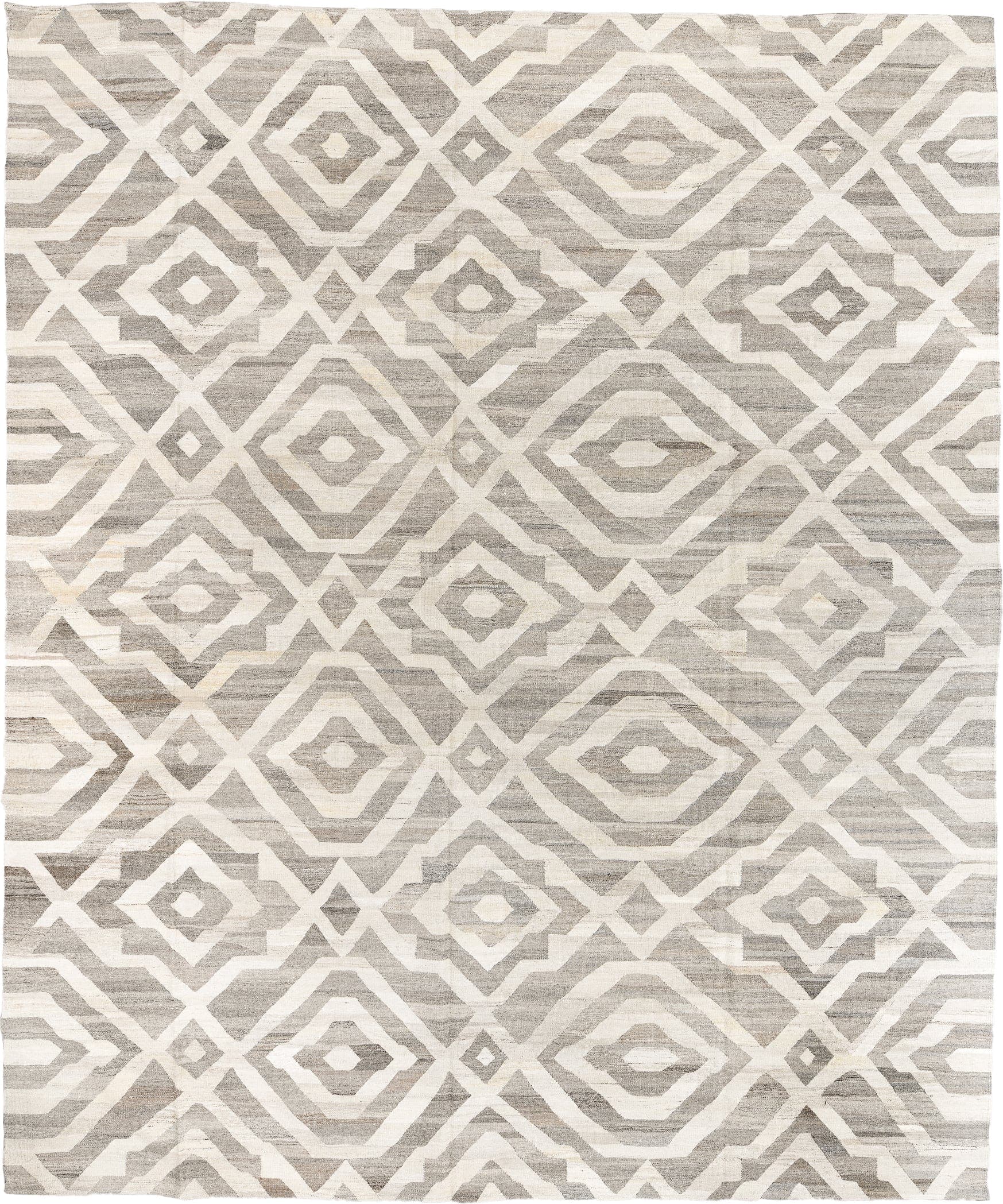 12' x 15' one-of-a-kind handmade vintage Kilim oversize rug. Color palette: ivory, gray, taupe, cream, beige