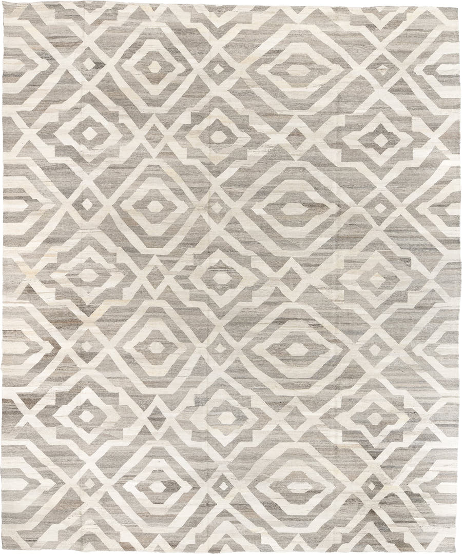 12' x 15' one-of-a-kind handmade vintage Kilim oversize rug. Color palette: ivory, gray, taupe, cream, beige