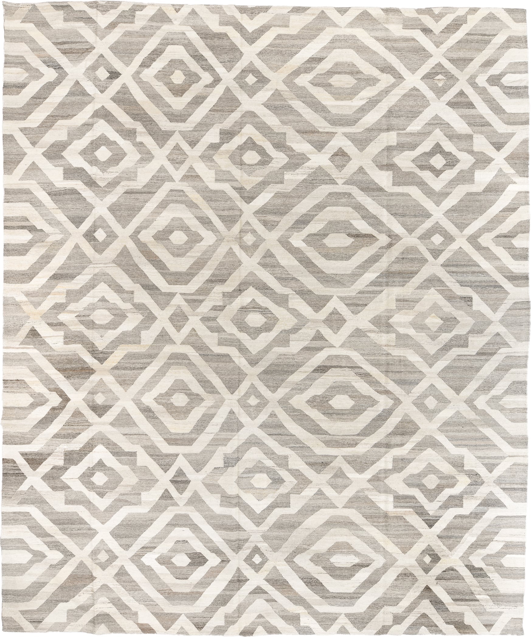 12' x 15' one-of-a-kind handmade vintage Kilim oversize rug. Color palette: ivory, gray, taupe, cream, beige