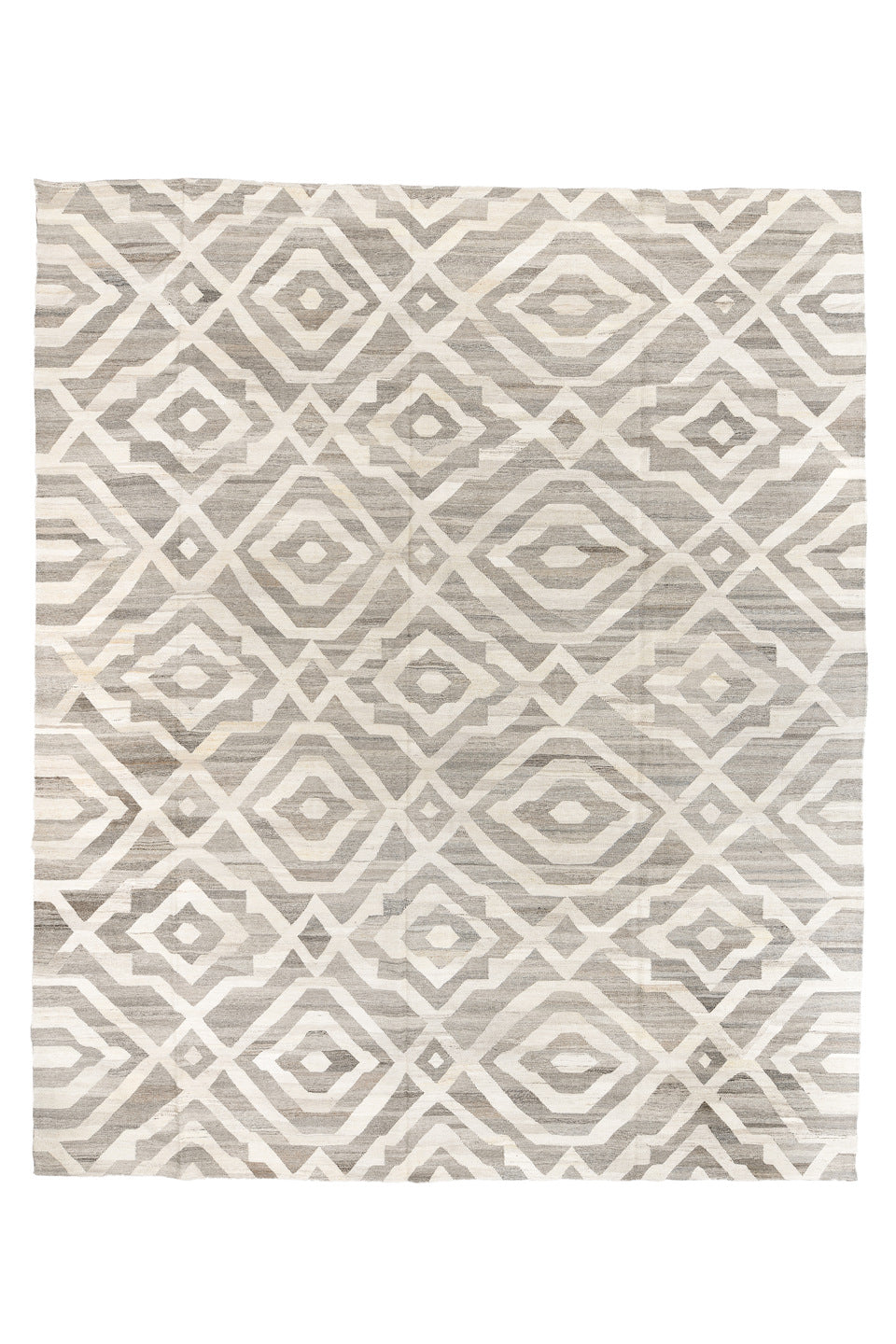 12' x 15' one-of-a-kind handmade vintage Kilim oversize rug. Color palette: dark gray, gray, light gray, off-white, silver