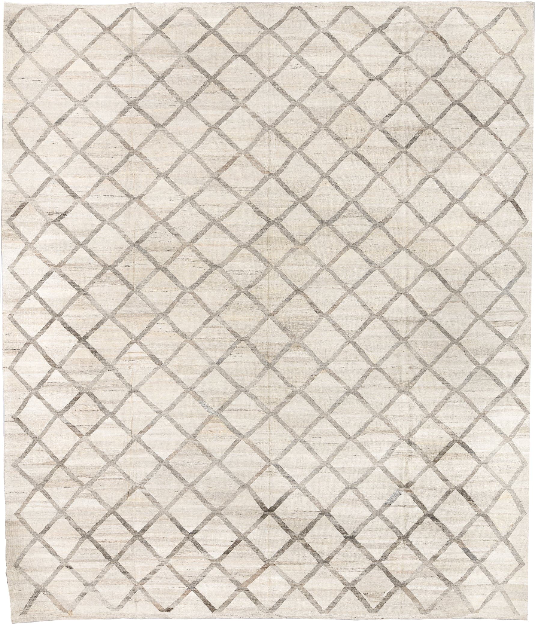 13' x 15' one-of-a-kind handmade vintage Kilim oversize rug. Color palette: ivory, gray, cream, taupe, beige