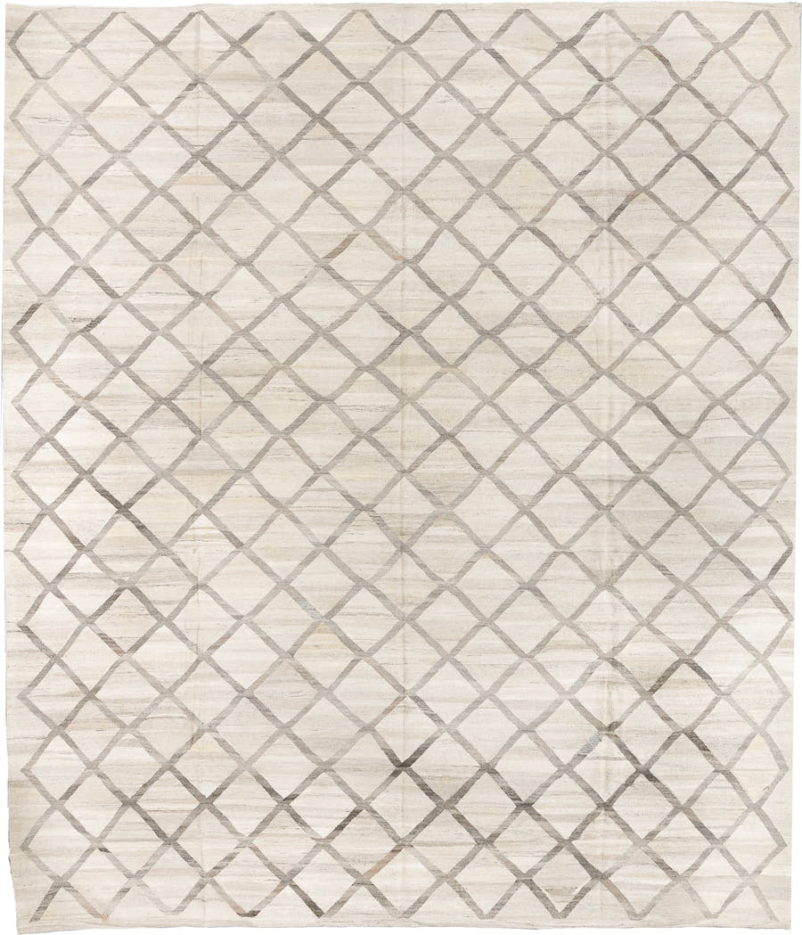 13' x 15' one-of-a-kind handmade vintage Kilim oversize rug. Color palette: ivory, gray, cream, taupe, beige