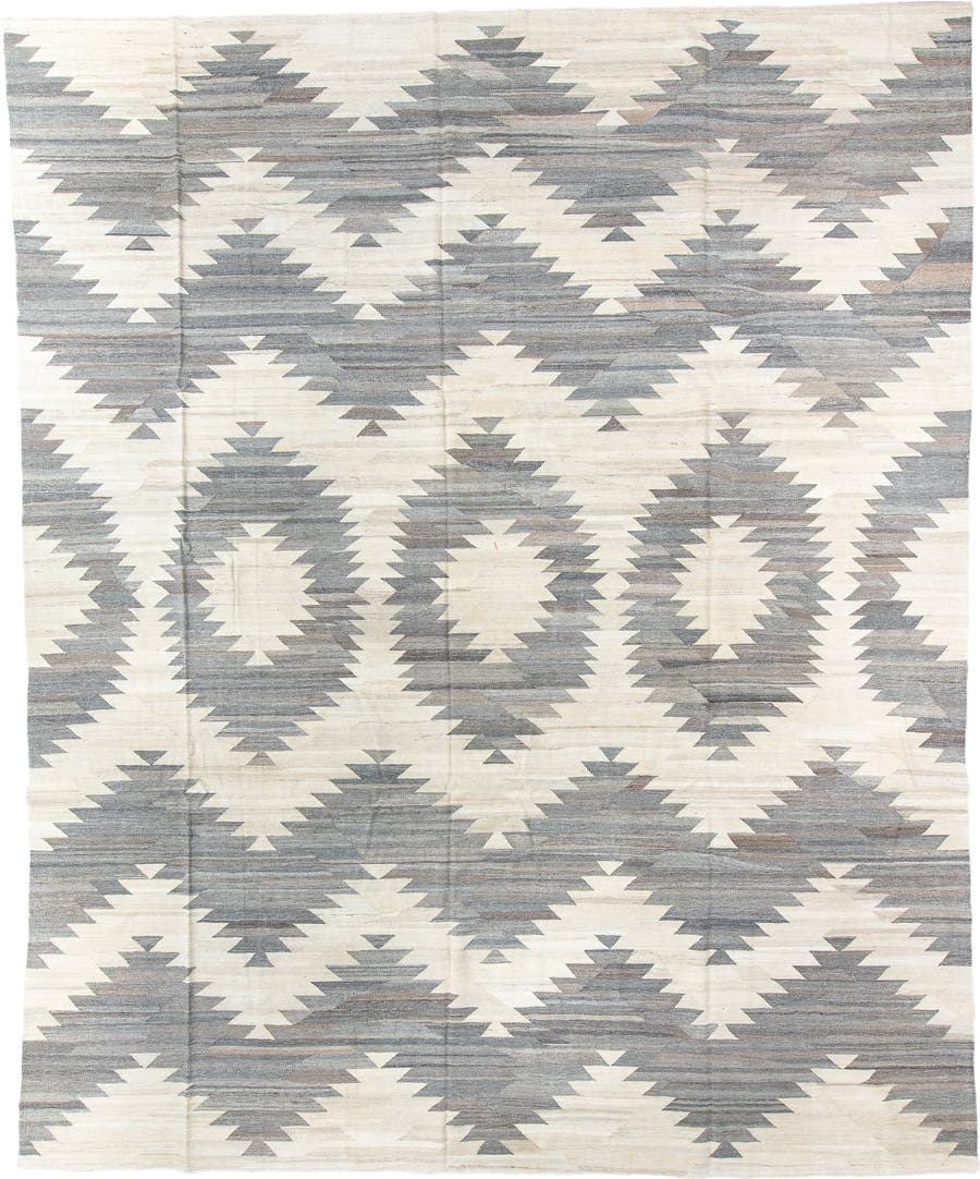 12' x 15' one-of-a-kind handmade vintage Kilim oversize rug. Color palette: ivory, gray, taupe, greige, beige