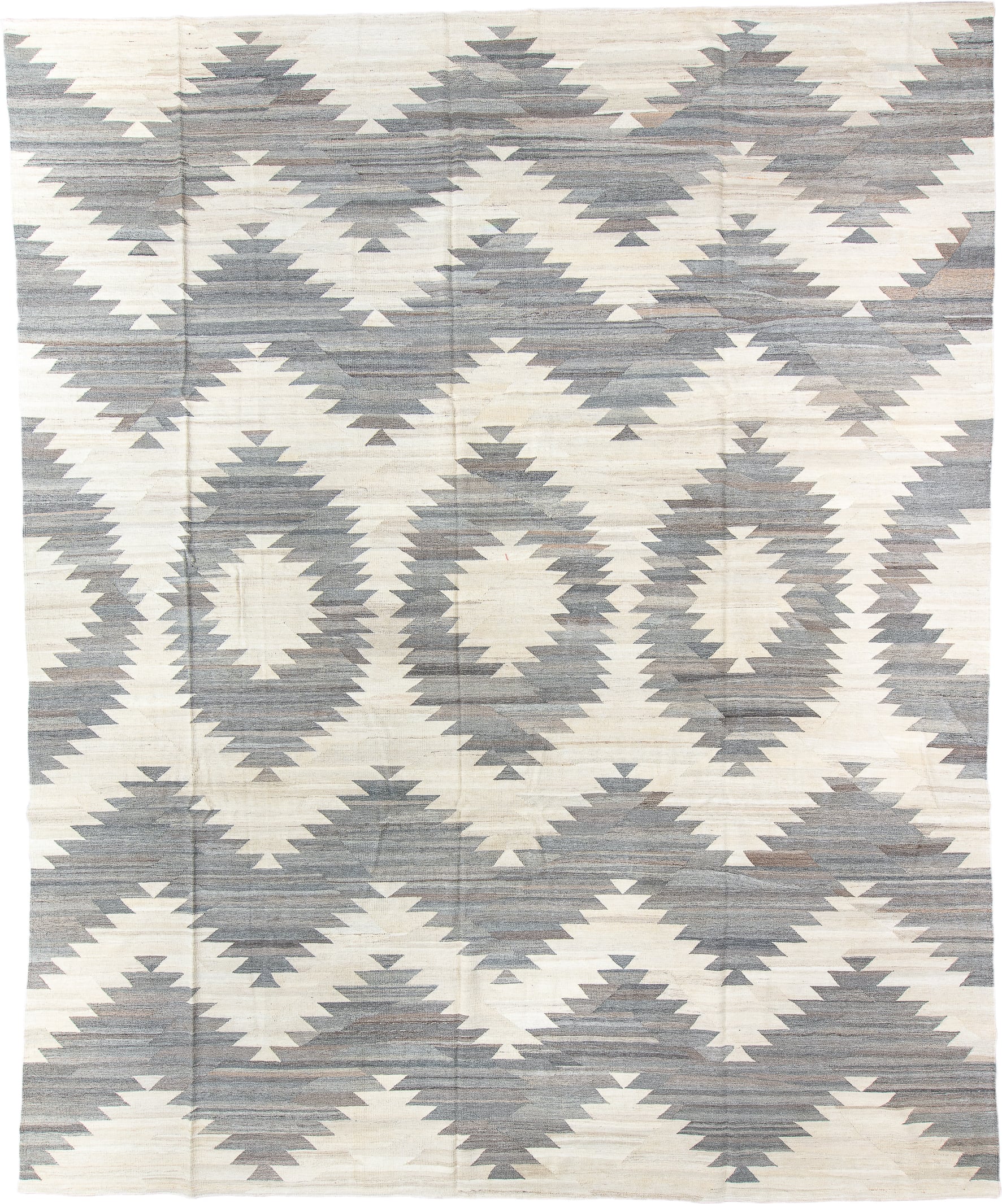 12' x 15' one-of-a-kind handmade vintage Kilim oversize rug. Color palette: ivory, gray, taupe, greige, beige