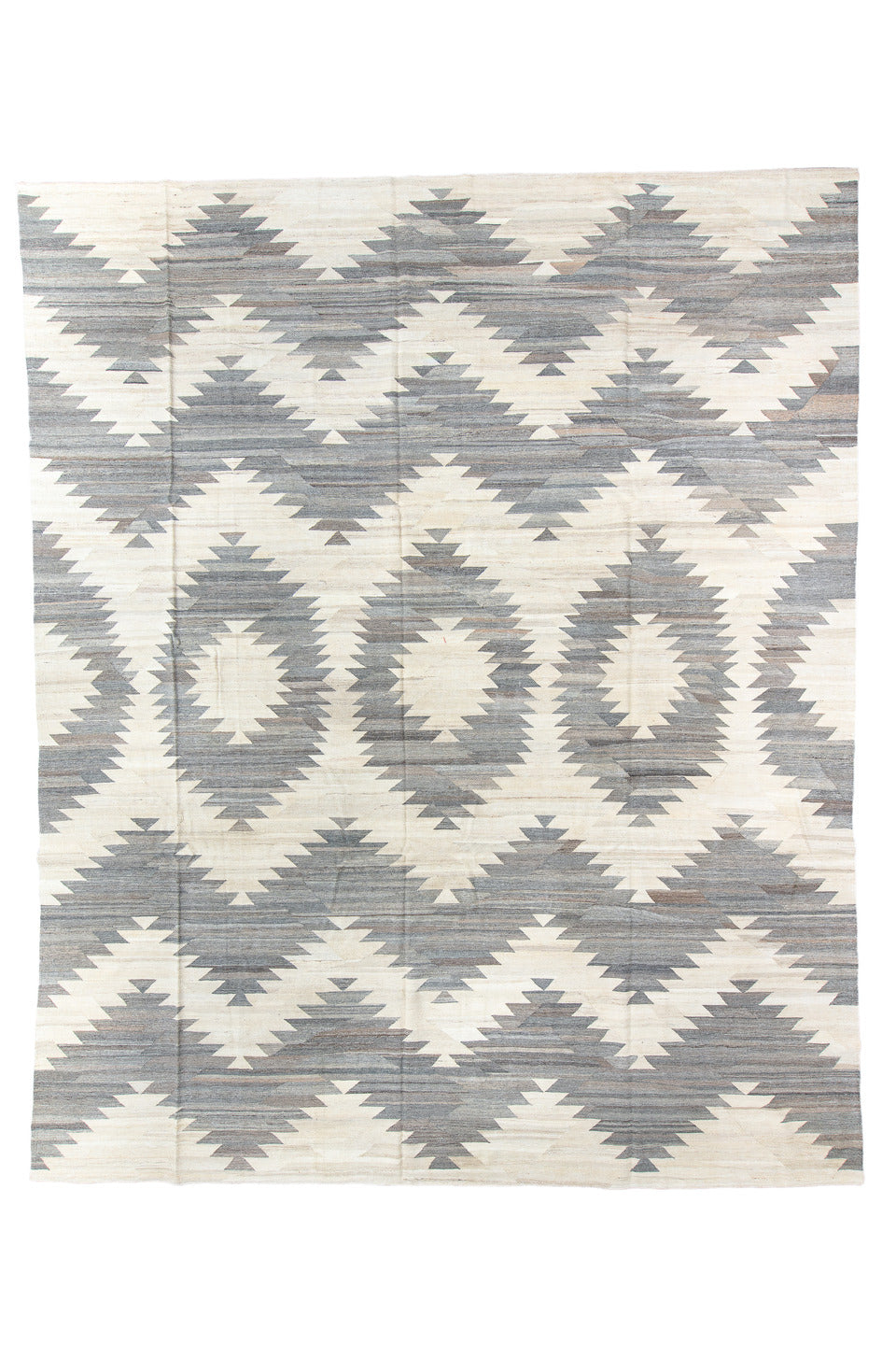 12' x 15' one-of-a-kind handmade vintage Kilim oversize rug. Color palette: antiquewhite, black, charcoal, dark gray