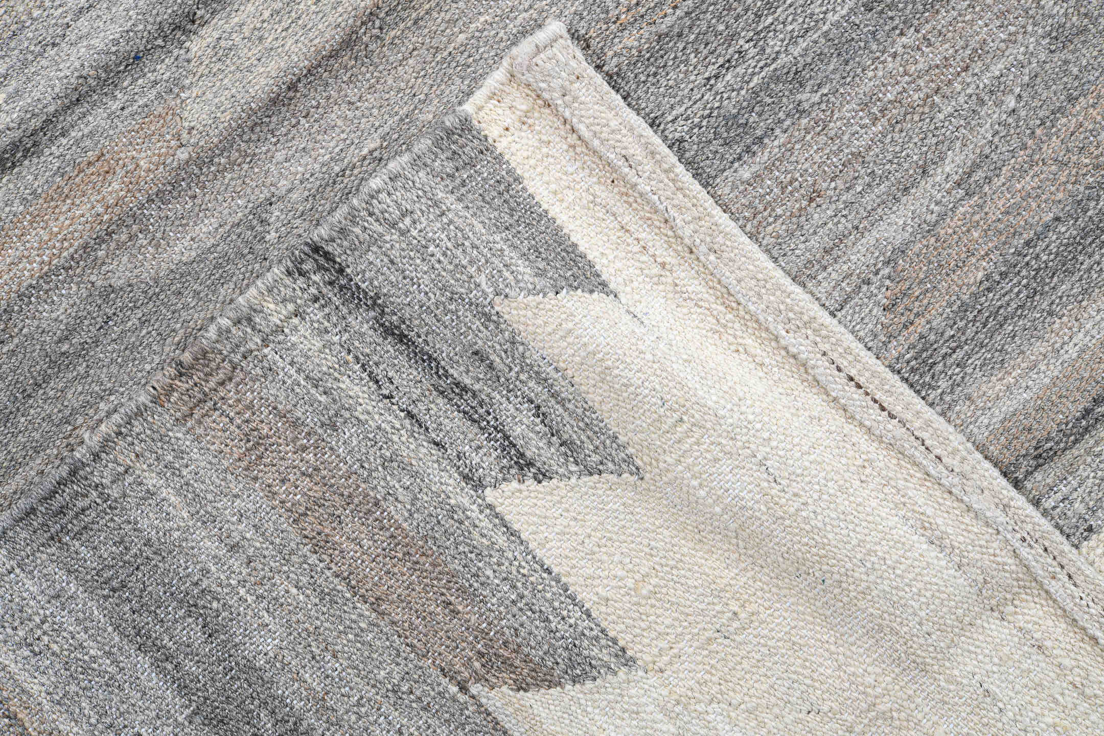 12' x 15' one-of-a-kind handmade vintage Kilim oversize rug. Color palette: ivory, gray, taupe, greige, beige