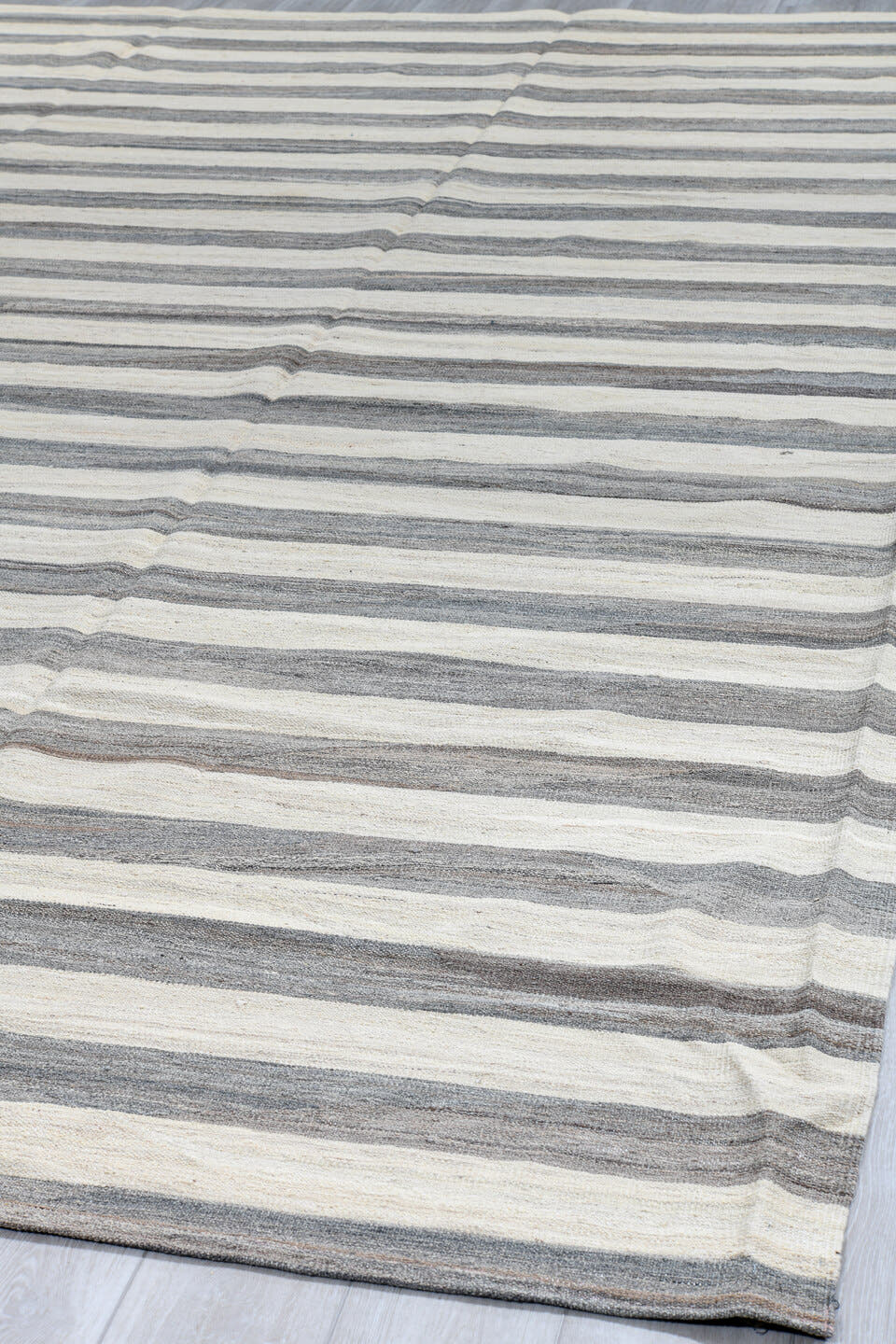 10' x 13' one-of-a-kind handmade vintage Kilim large size rug. Color palette: ivory, gray, slate, cream